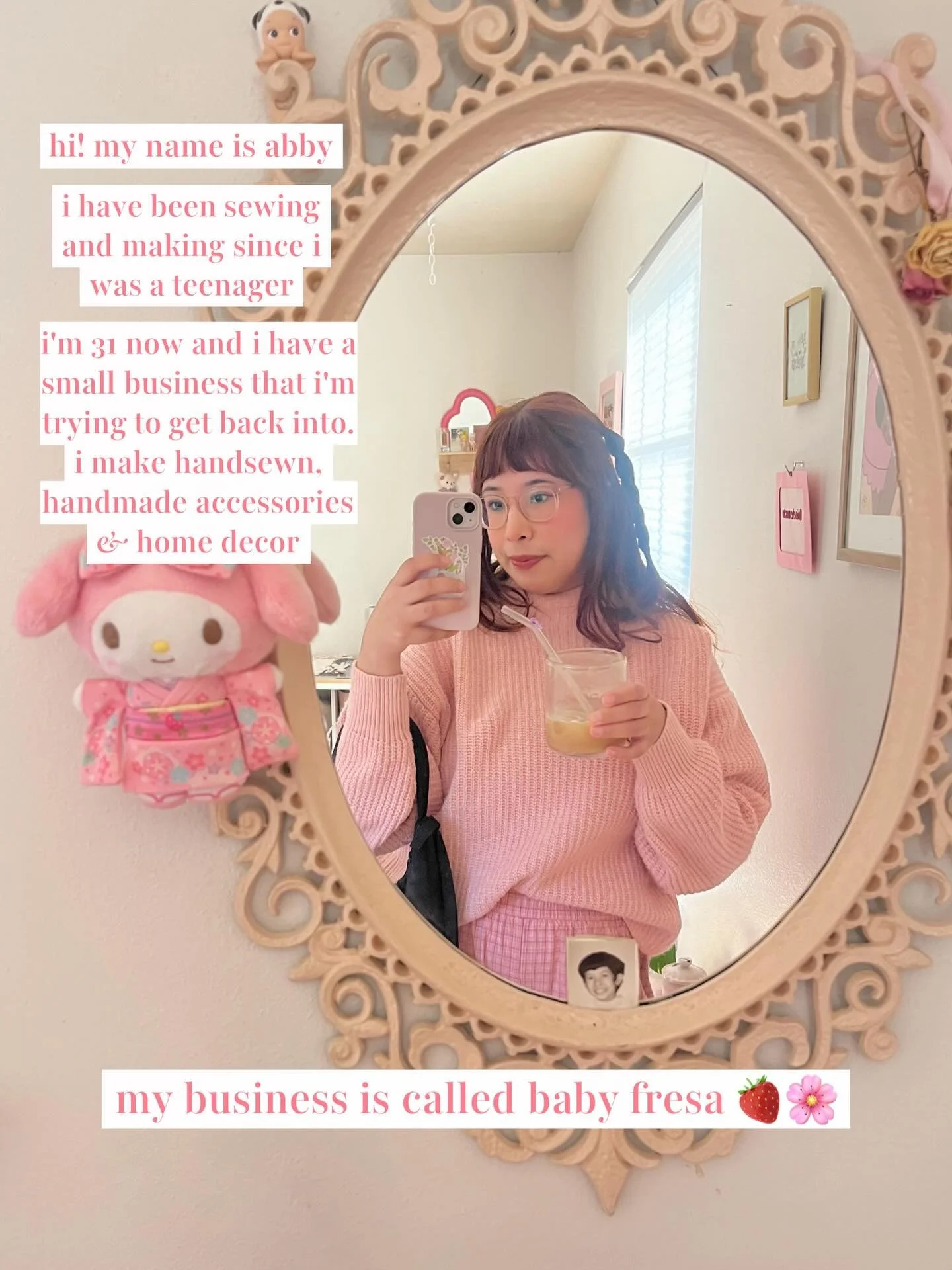about me/baby fresa 🫶🏼 thank you for sticking around 🥹🍓🌷🌸 #babyfresa #smallbusinessjourney #smallbusinessowner #sewist #sewistsofinstagram