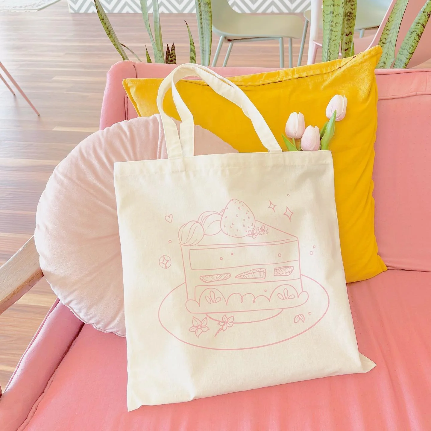 i am so excited and proud to finally release these new totes that i started envisioning last year&mdash; it&rsquo;s so cool to see them completed! ☺️💗🌷 the strawberry cake tote! designed by @kumakunstudio 🍰🍓🌸 new merch and handmade spring items 
