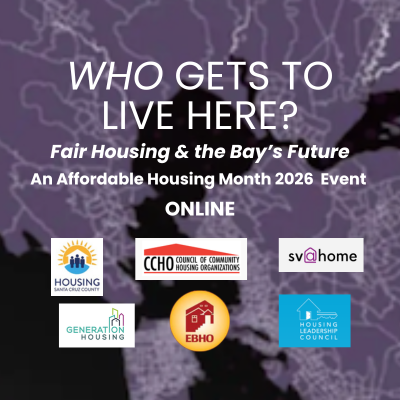 A graphic with the headline, “Who Gets to Live Here? Fair Housing & the Bay's Future,” and each of the hosting organizations’ logos.