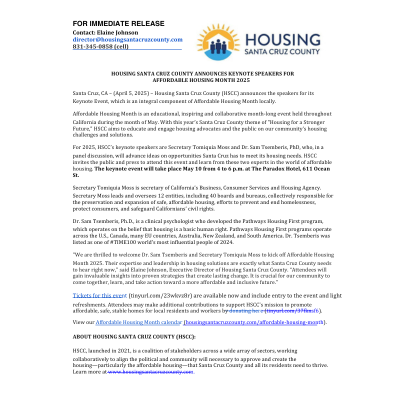 An image of the Press Release: Housing Santa Cruz County Announces Keynote Speakers for Affordable Housing Month 2025