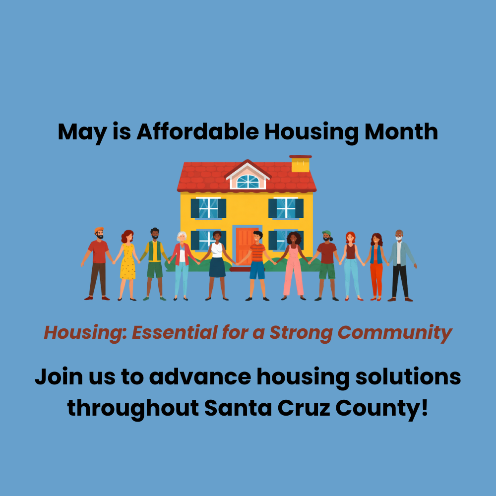 A graphic with the words May is Affordable Housing Month! overlaid on a background of an illustration of blue and orange houses.