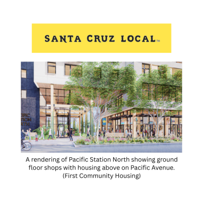 A rendering of Pacific Station North showing ground floor shops with housing above on Pacific Avenue.