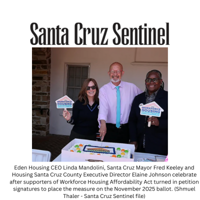 Eden Housing CEO Linda Mandolini, Santa Cruz Mayor Fred Keeley and Housing Santa Cruz County Executive Director Elaine Johnson celebrate after supporters of Workforce Housing Affordability Act turned in petition signatures to place the measure on the