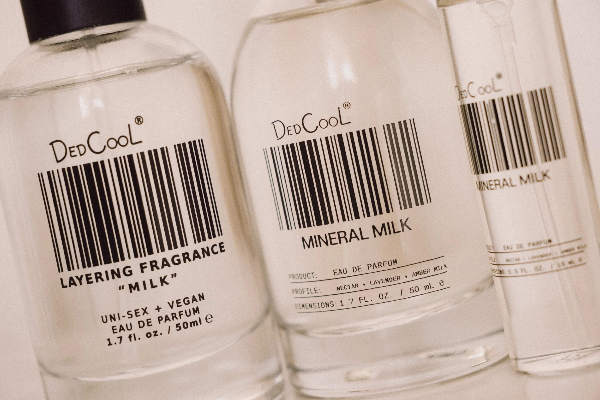bottles of dedcool milk perfumes