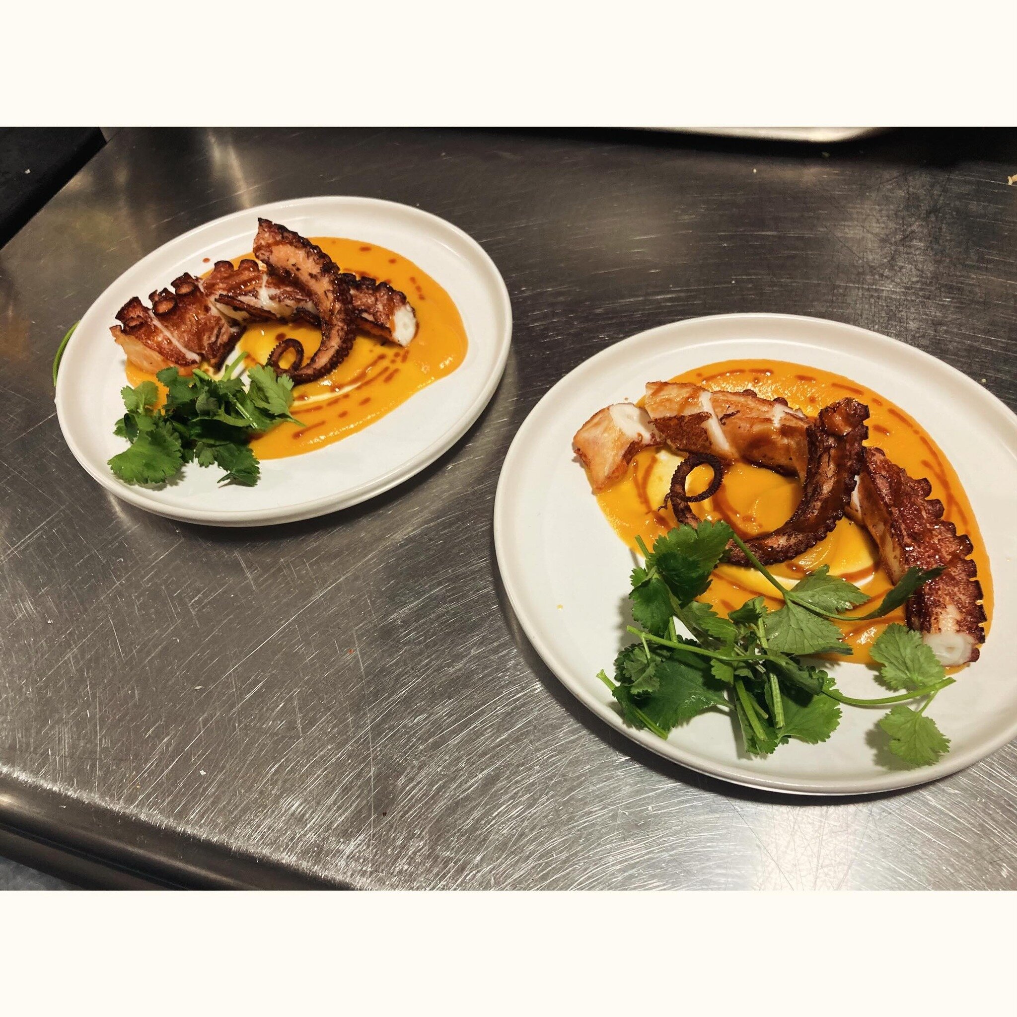 Fried octopus with some of those beautiful kojinut squash from @flourishproduce. They have a beautiful fruity flavour, like mango, and an unbeatable creamy texture, topped with a salty den miso glaze. @mrjirestaurant @artyfloreachef #bueno