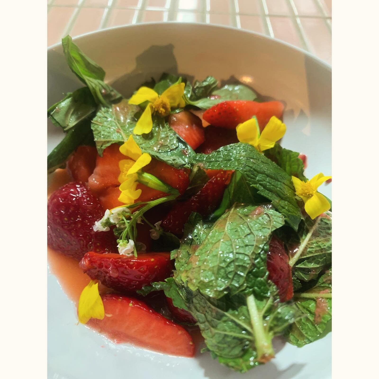 Our strawberry salad with basil and mint! In our wild garlic fermentation process there&rsquo;s a lot of lacto fermented liquid that occurs as a byproduct of the process, that goes into our dressing with a few crushed up extra ripe strawberries, maki