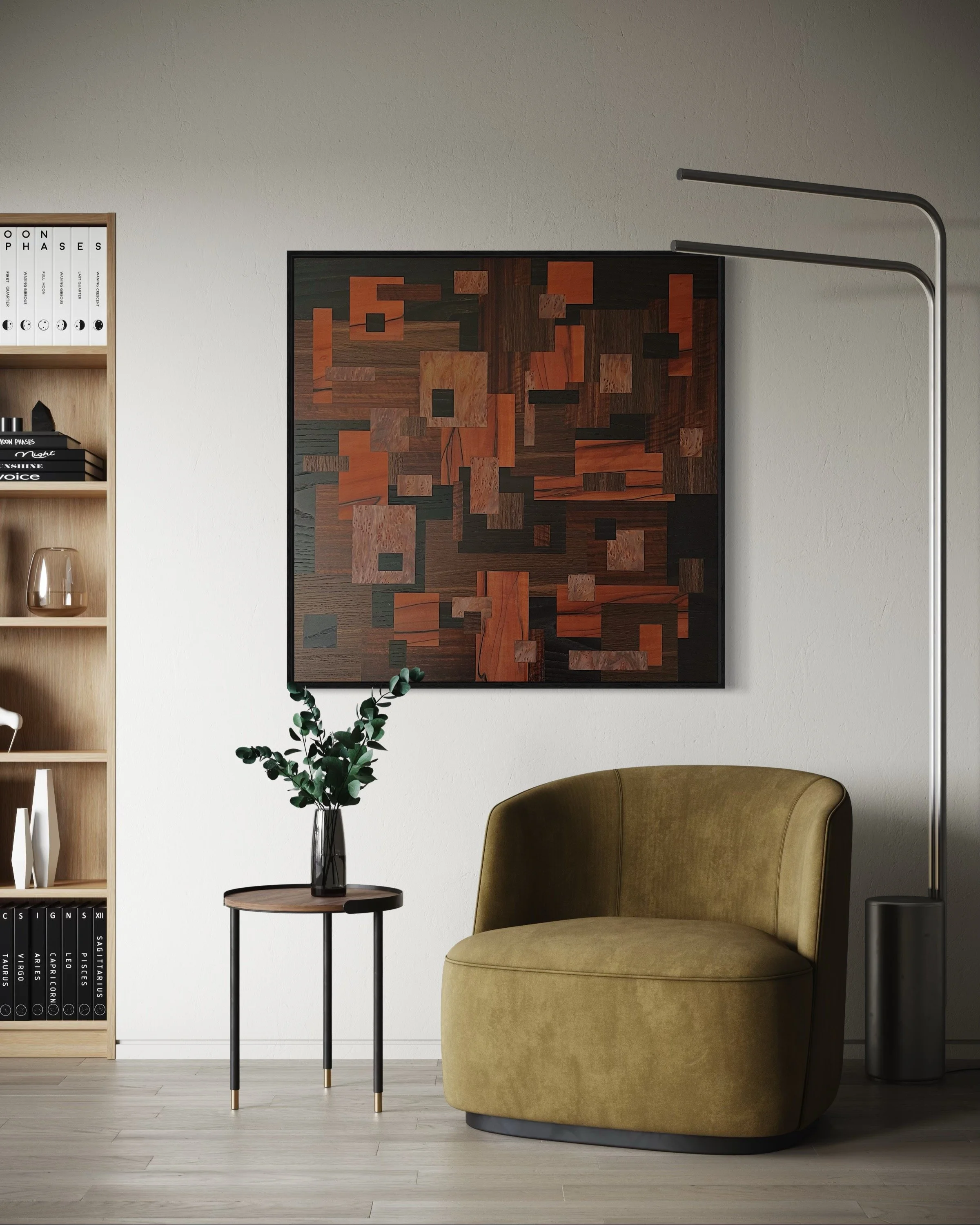 Modern living room with an olive green chair, a small wooden side table with a vase of green leaves, abstract marquetry wall art with geometric red and brown patterns, a tall floor lamp, and a wooden bookshelf with books and decor items.