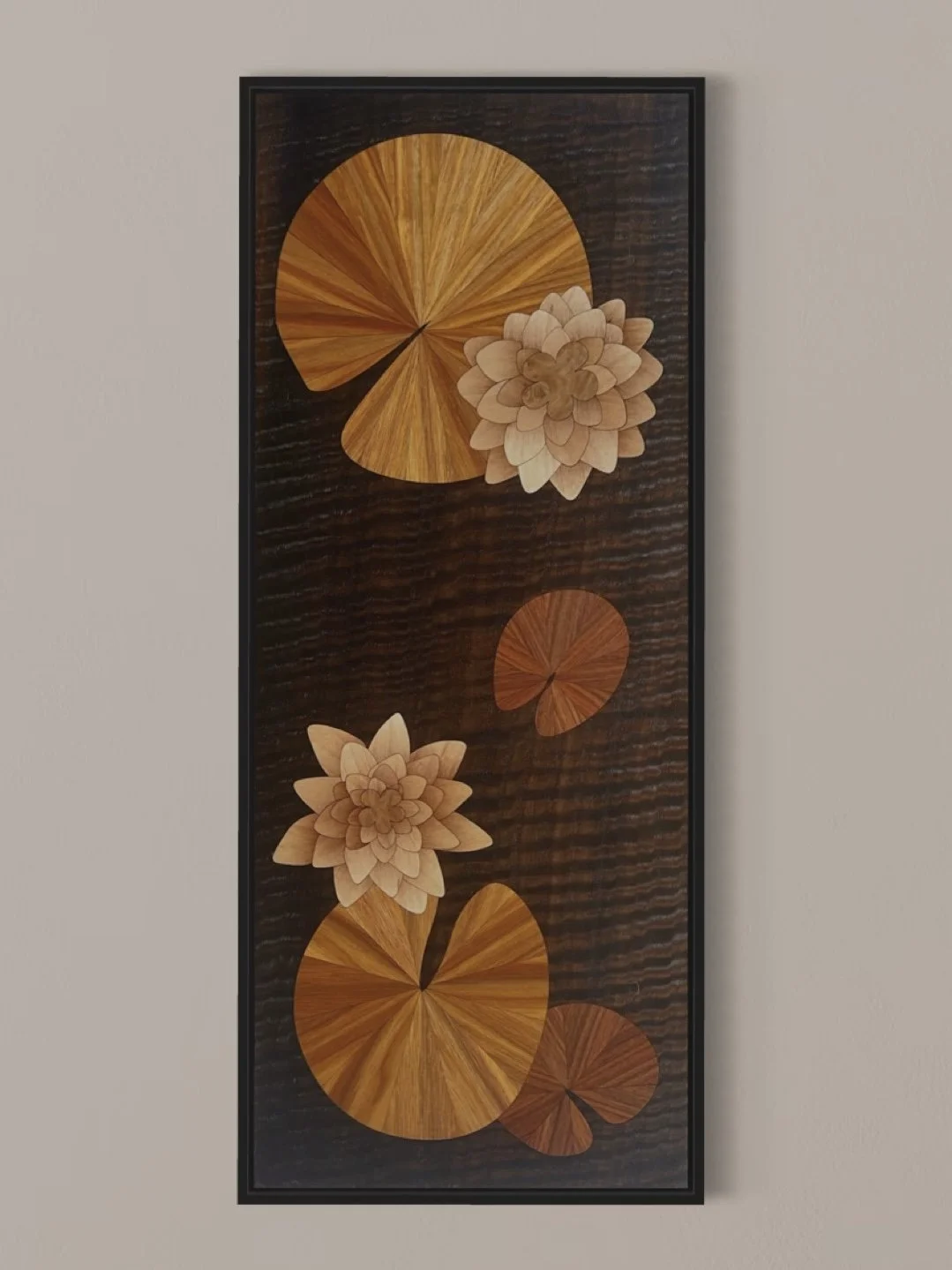 Wall art featuring hand-crafted marquetry wooden lotus flowers and lily pad accents on a dark wood-paneled background. Created by Carl Fox