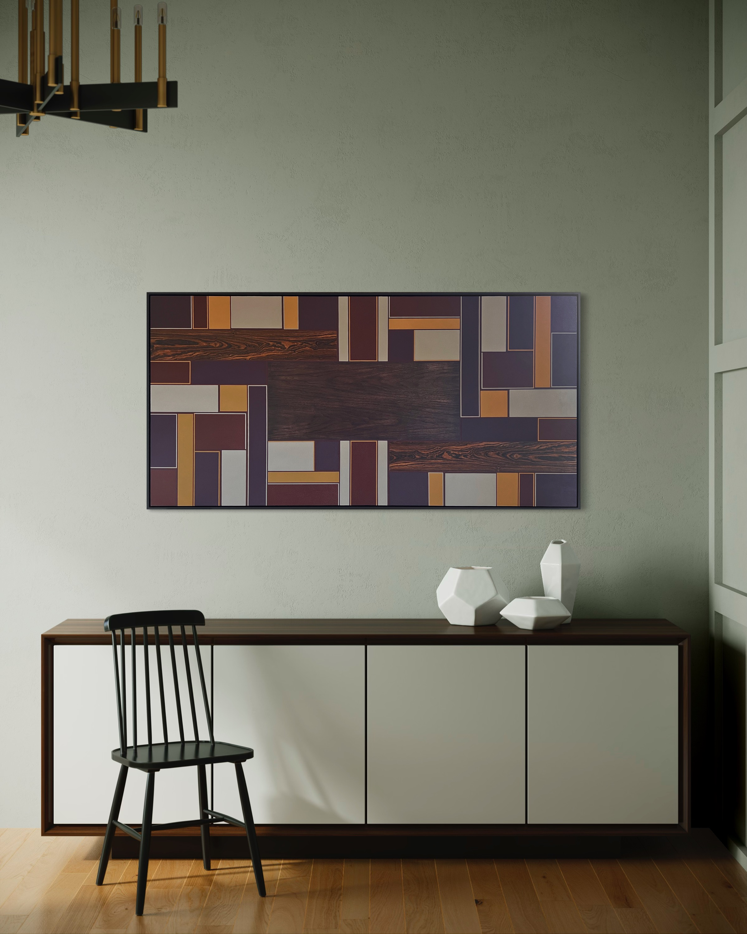 Carl Fox x Curio 'Sunburst on the forest floor' Leather and wood veneer, abstract marquetry artwork.