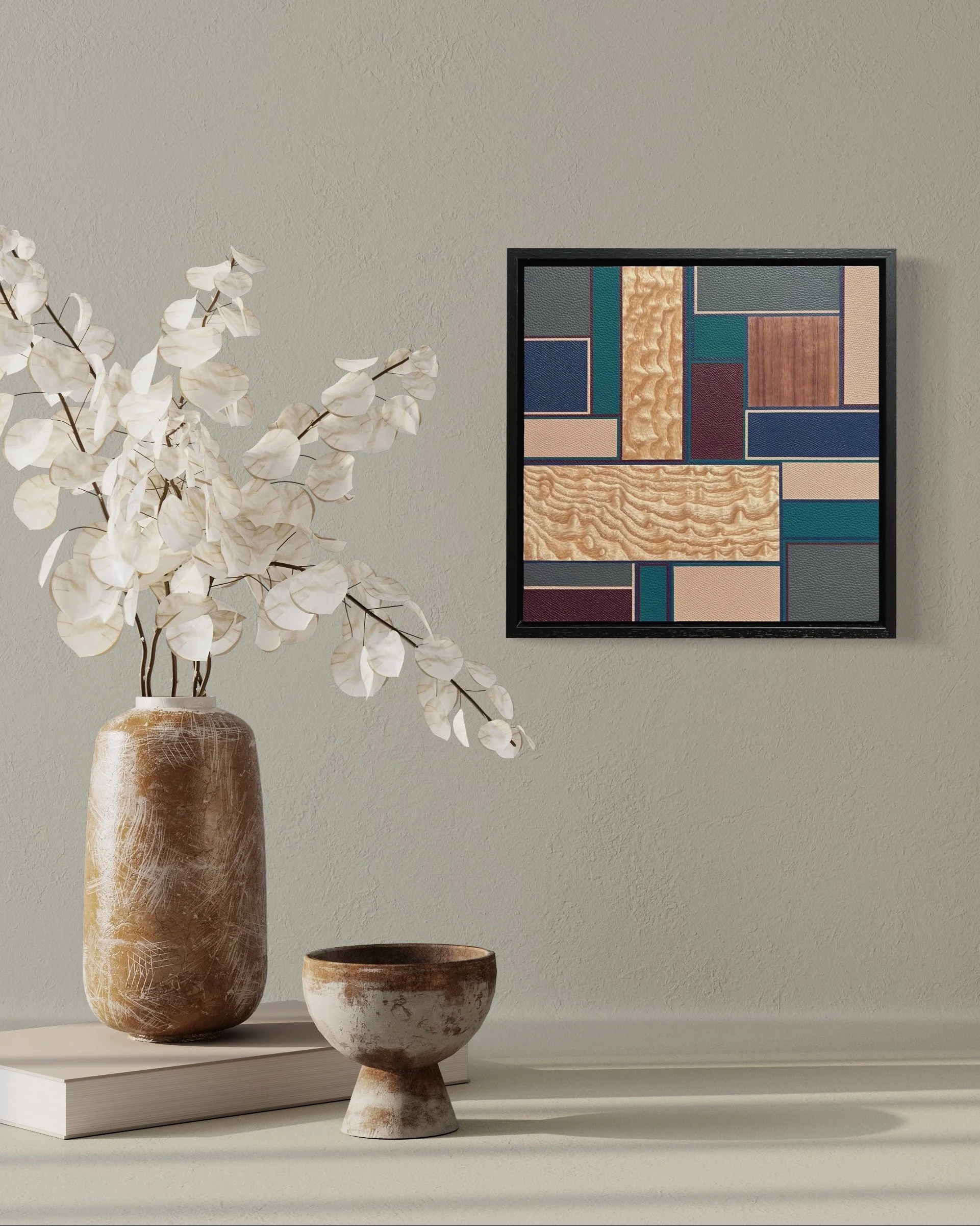 'Dawn walks and rockpools' Leather and wood veneer, abstract marquetry artwork. Owned by private collector.