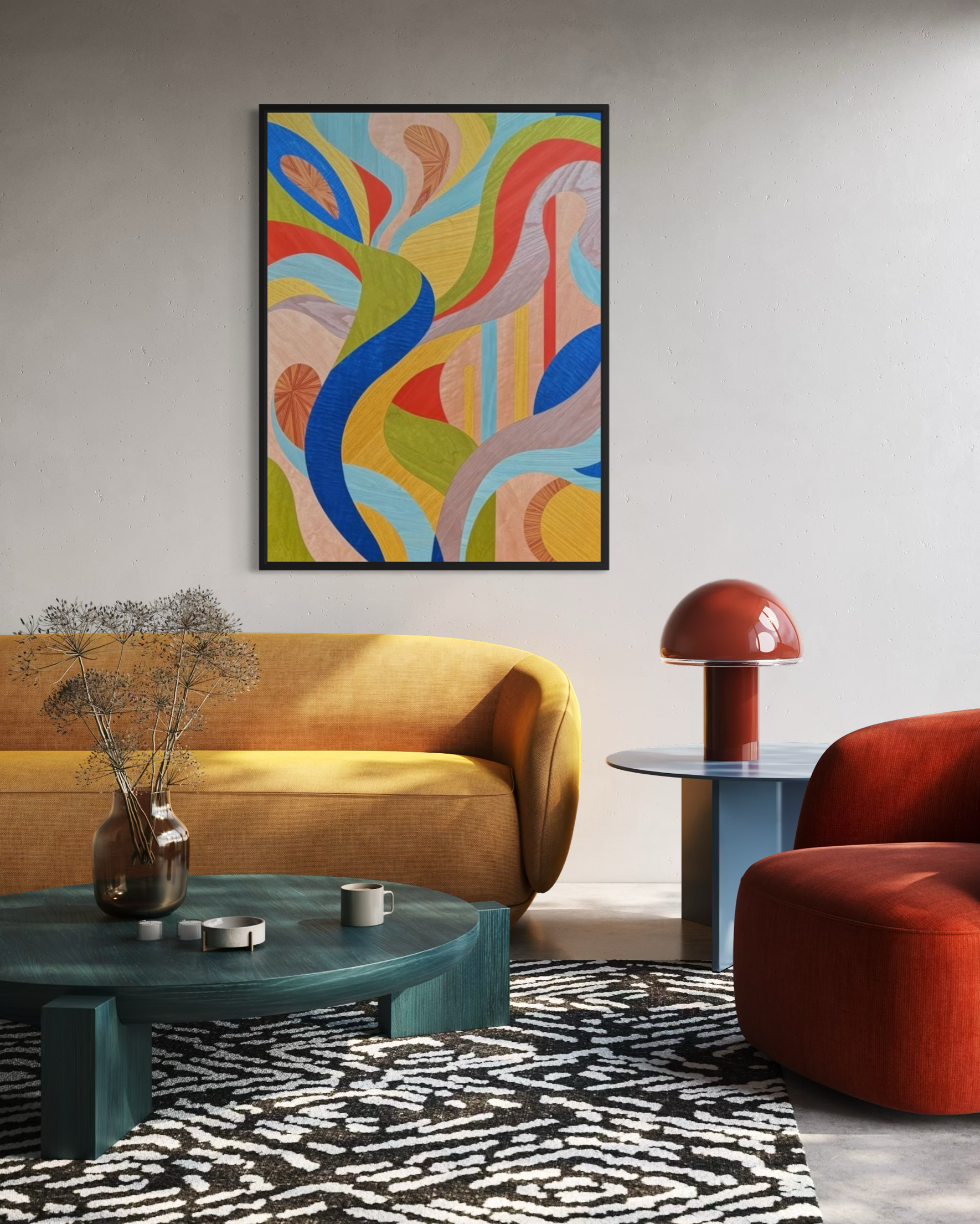 Modern living room with yellow sofa, red armchair, blue side table, black and white rug, and colorful abstract artwork on gray wall.
