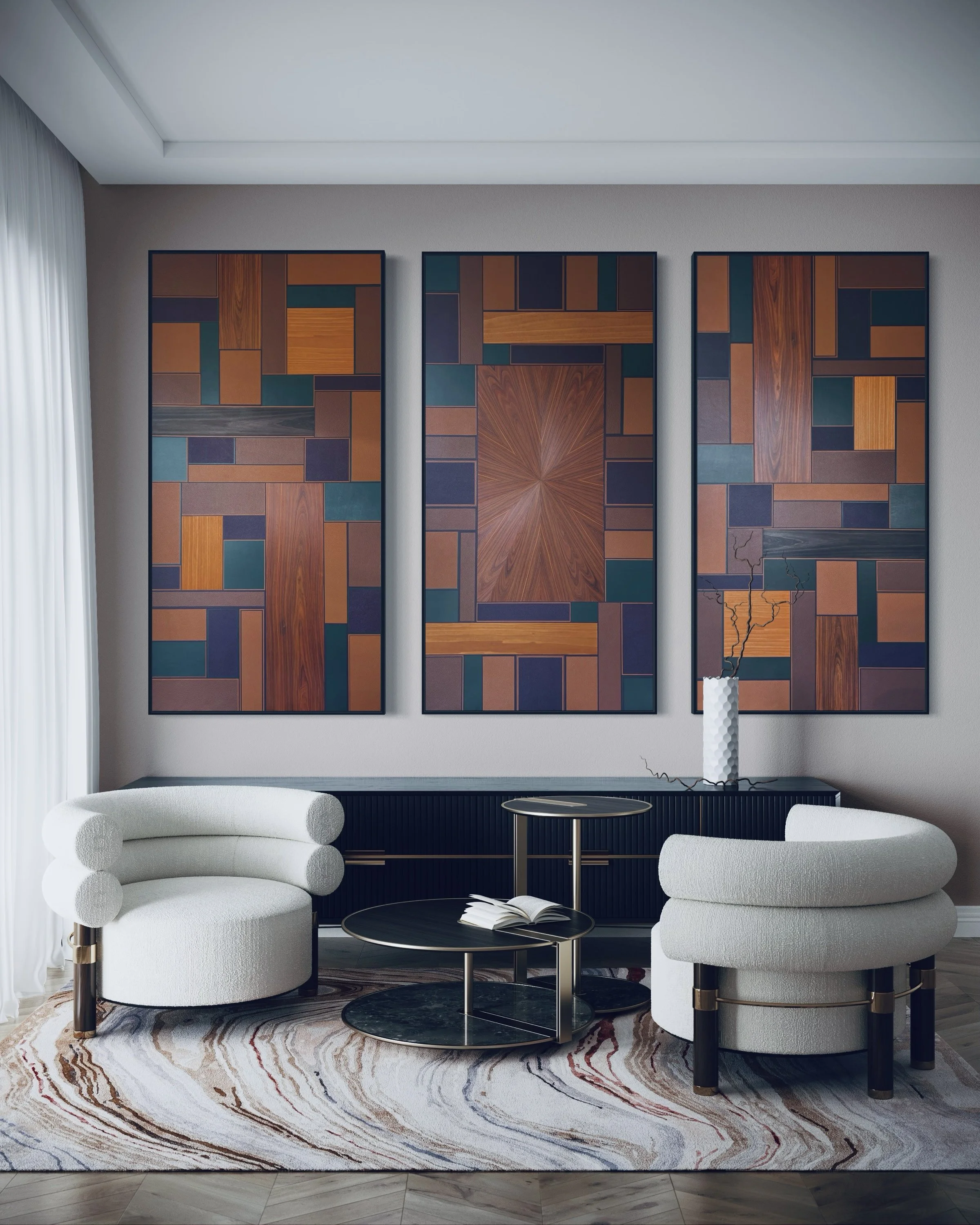Modern living room with abstract geometric marquetry wall art, created with a combination of leather and wood, round white chairs, black console table, circular tables, and a patterned rug.