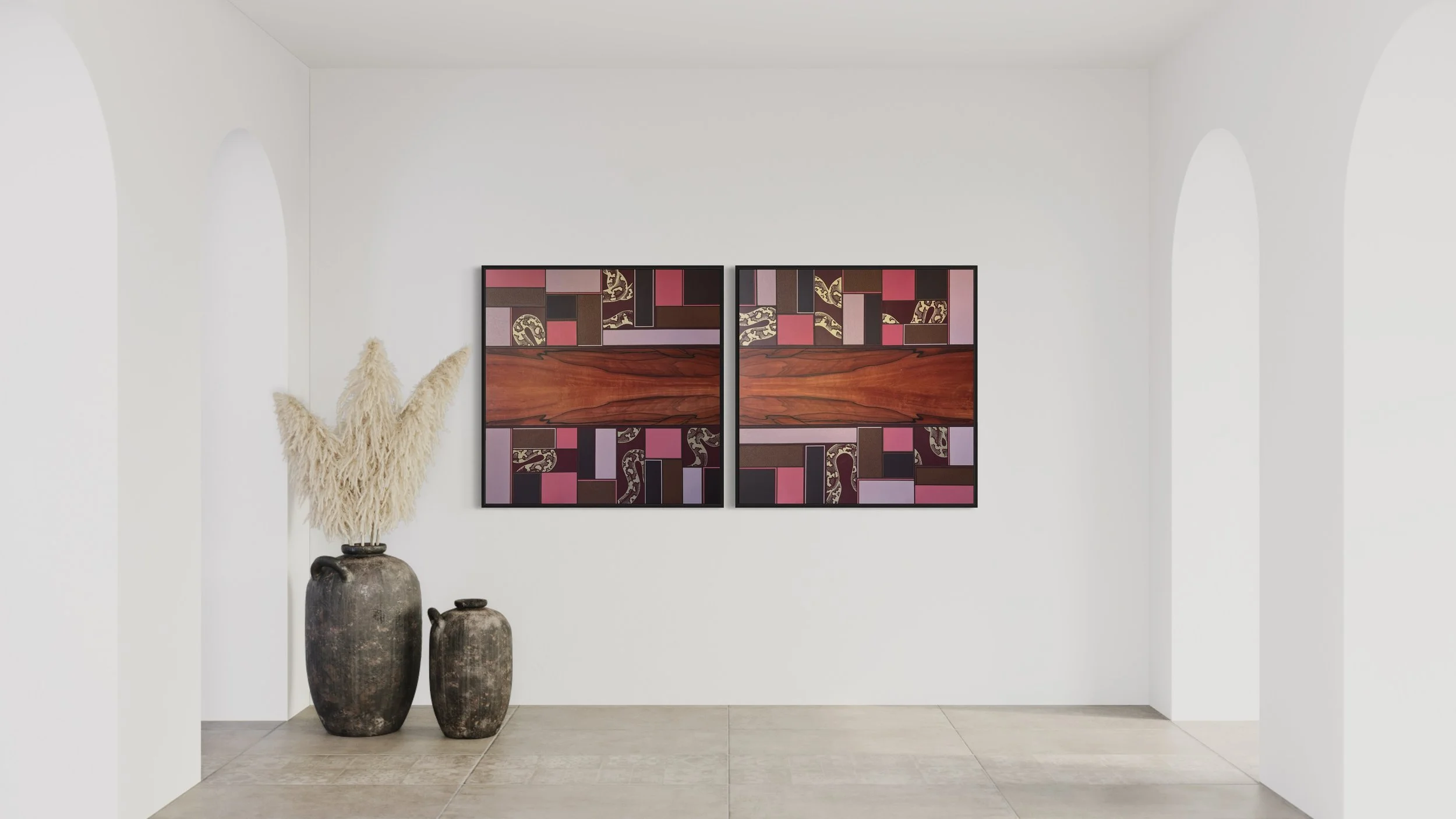 Modern interior with two abstract leather marquetry art pieces on white wall, large black vases with pampas grass, and tile flooring.