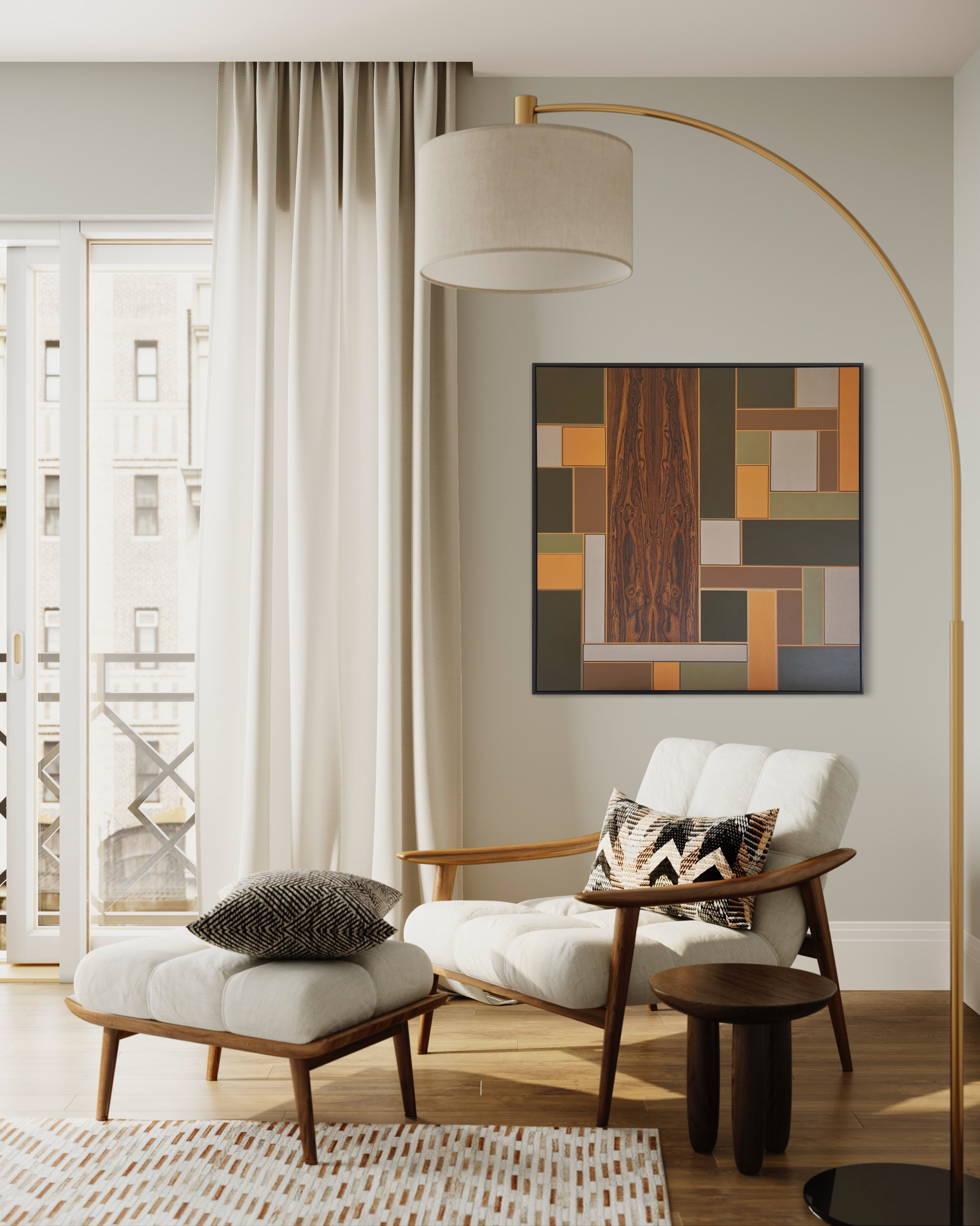 Carl Fox x Curio 'First glimpse of fall' Leather and wood veneer, abstract marquetry artwork.