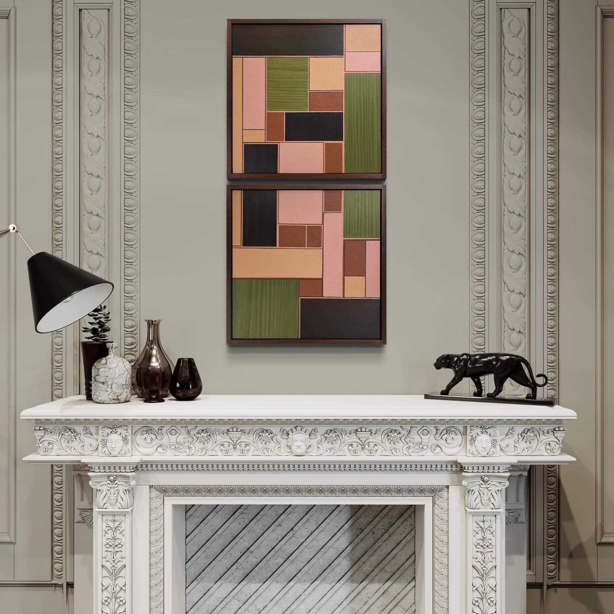 Carl Fox 'Komorebi' Leather and wood veneer, abstract marquetry artwork. 