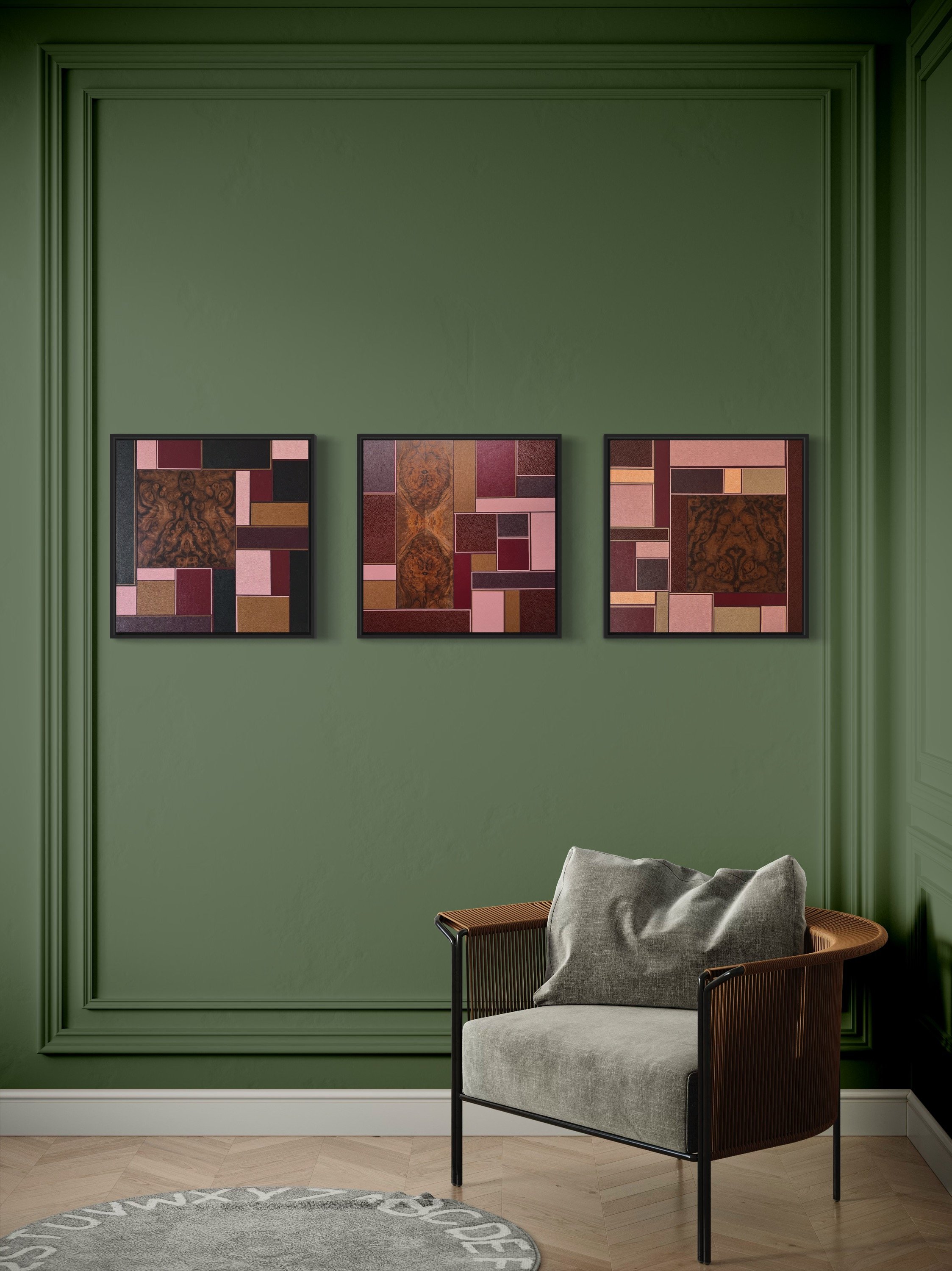 Leather and wood veneer, abstract marquetry triptych, created for Queer Frontiers, 2023. Owned by private collector.