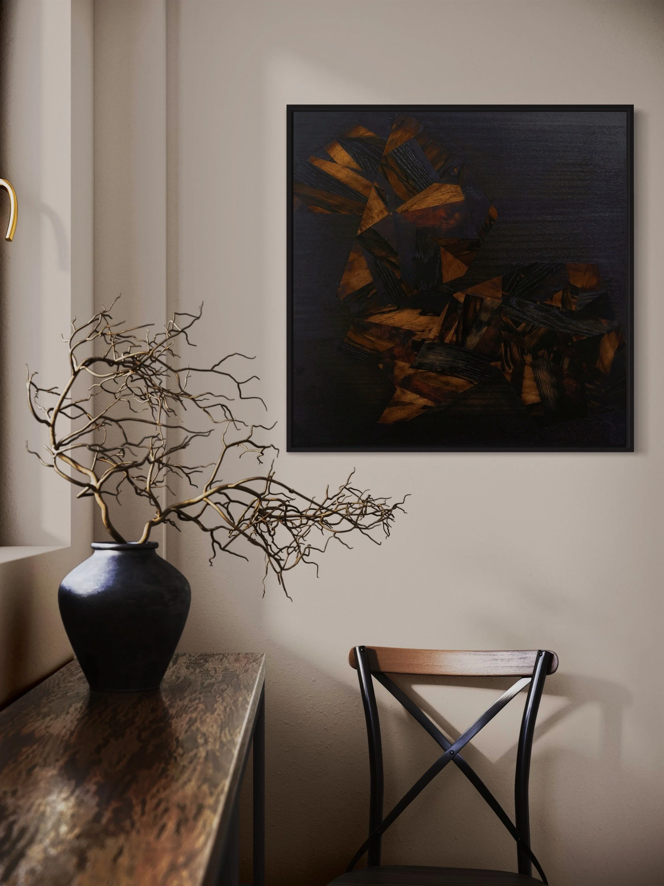 Abstract geometric , wabi sabi marquetry wall art with dark tones in a modern interior, accompanied by a minimalist wooden console table and a black vase with dry branches on top.