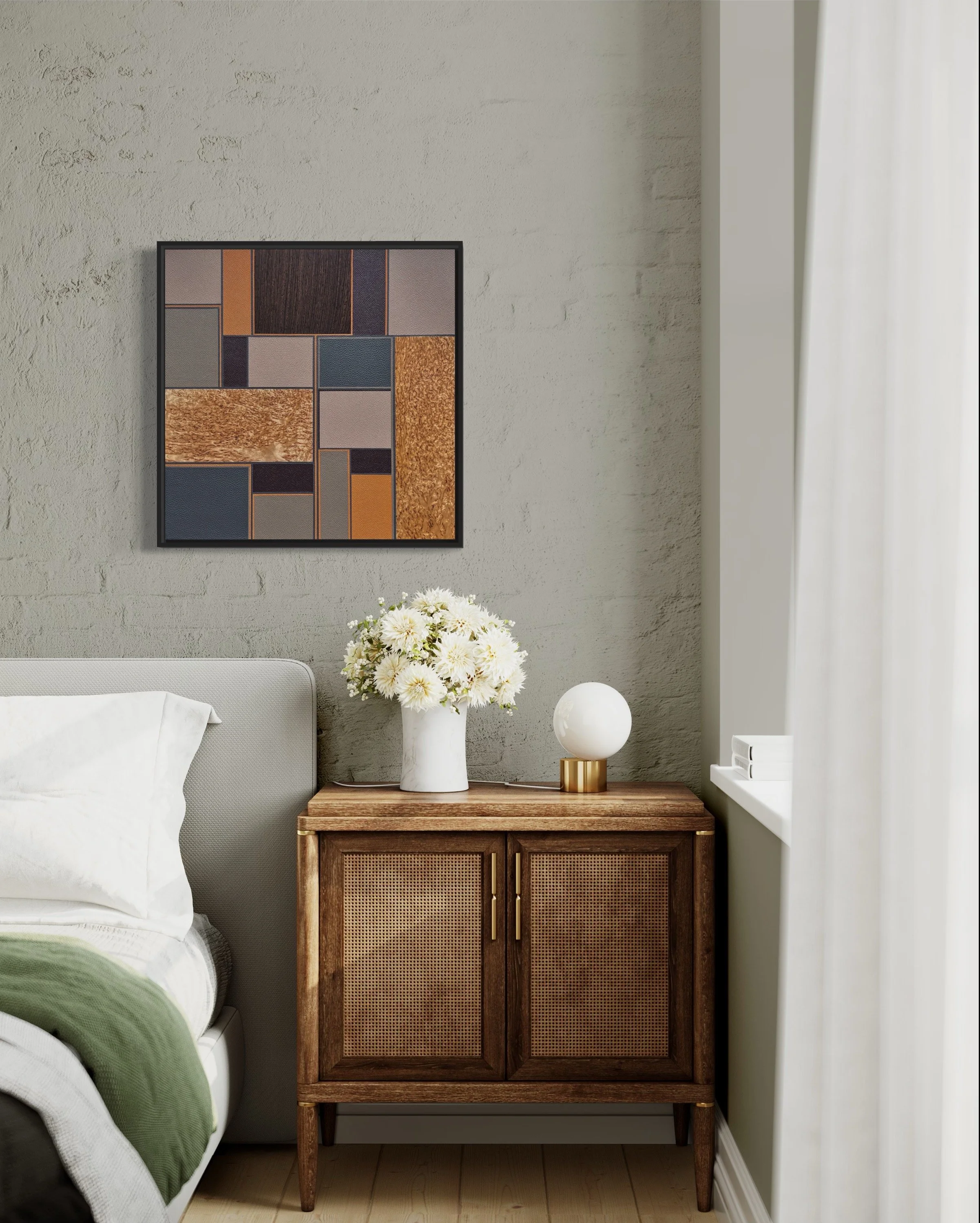 'Hazakura' Leather and wood veneer, abstract marquetry artwork. Created for London craft week. Owned by private collector.