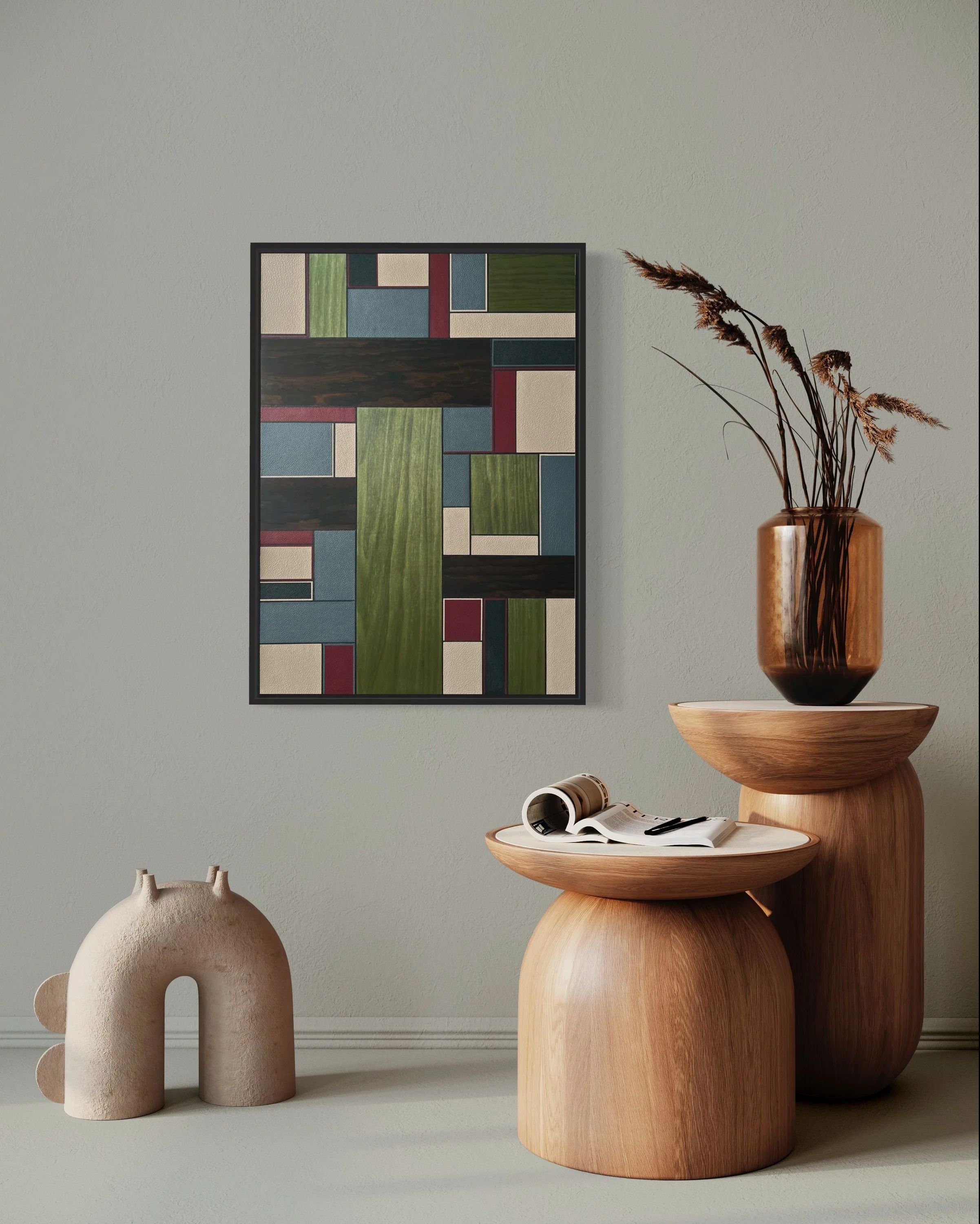  'Mist among the bracken' Leather and wood veneer, abstract marquetry artwork, vreated for London Craft week 2023 - owned by private collector.