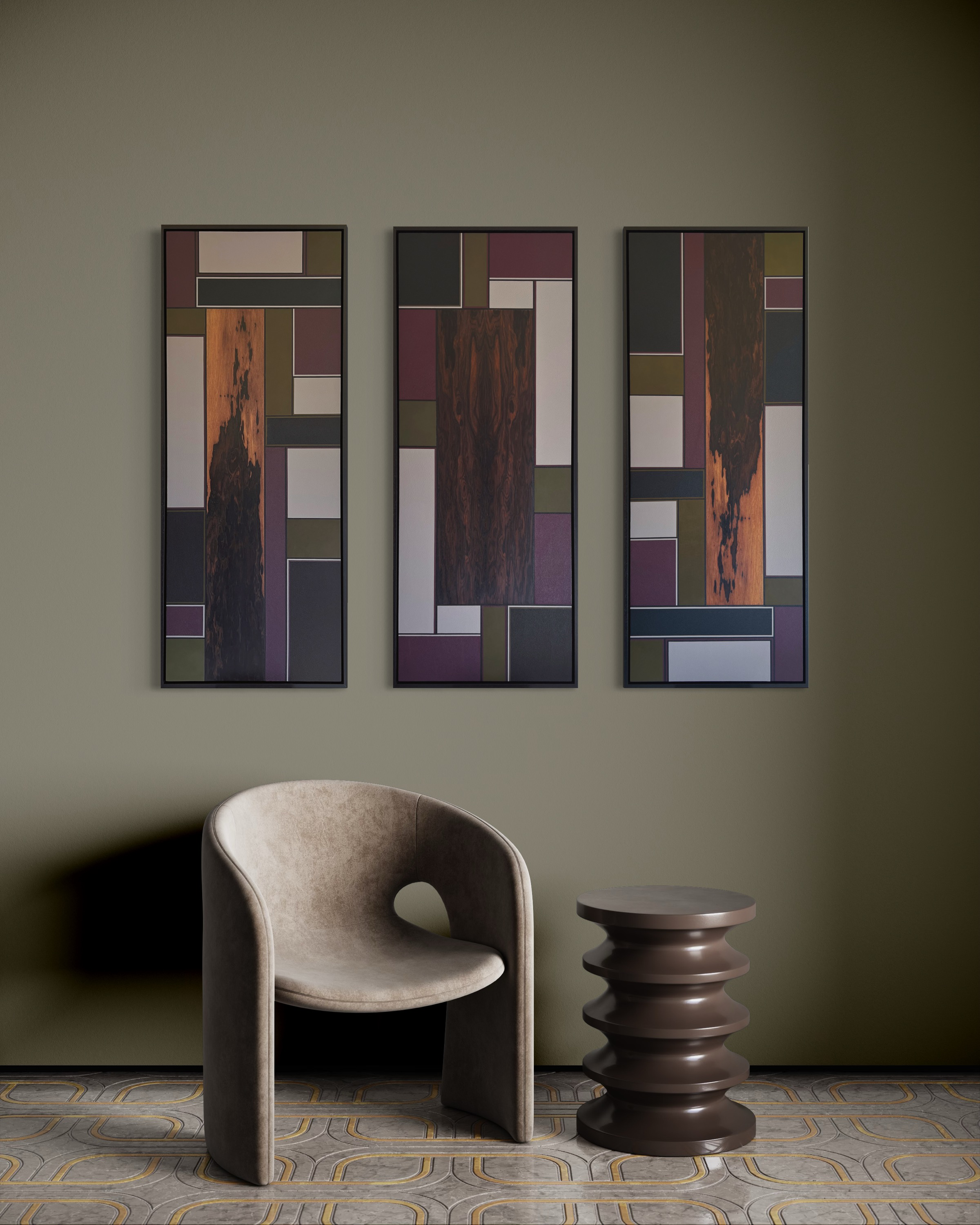 Carl Fox x Curio 'Shades of midnight' Leather and wood veneer, abstract marquetry artwork.