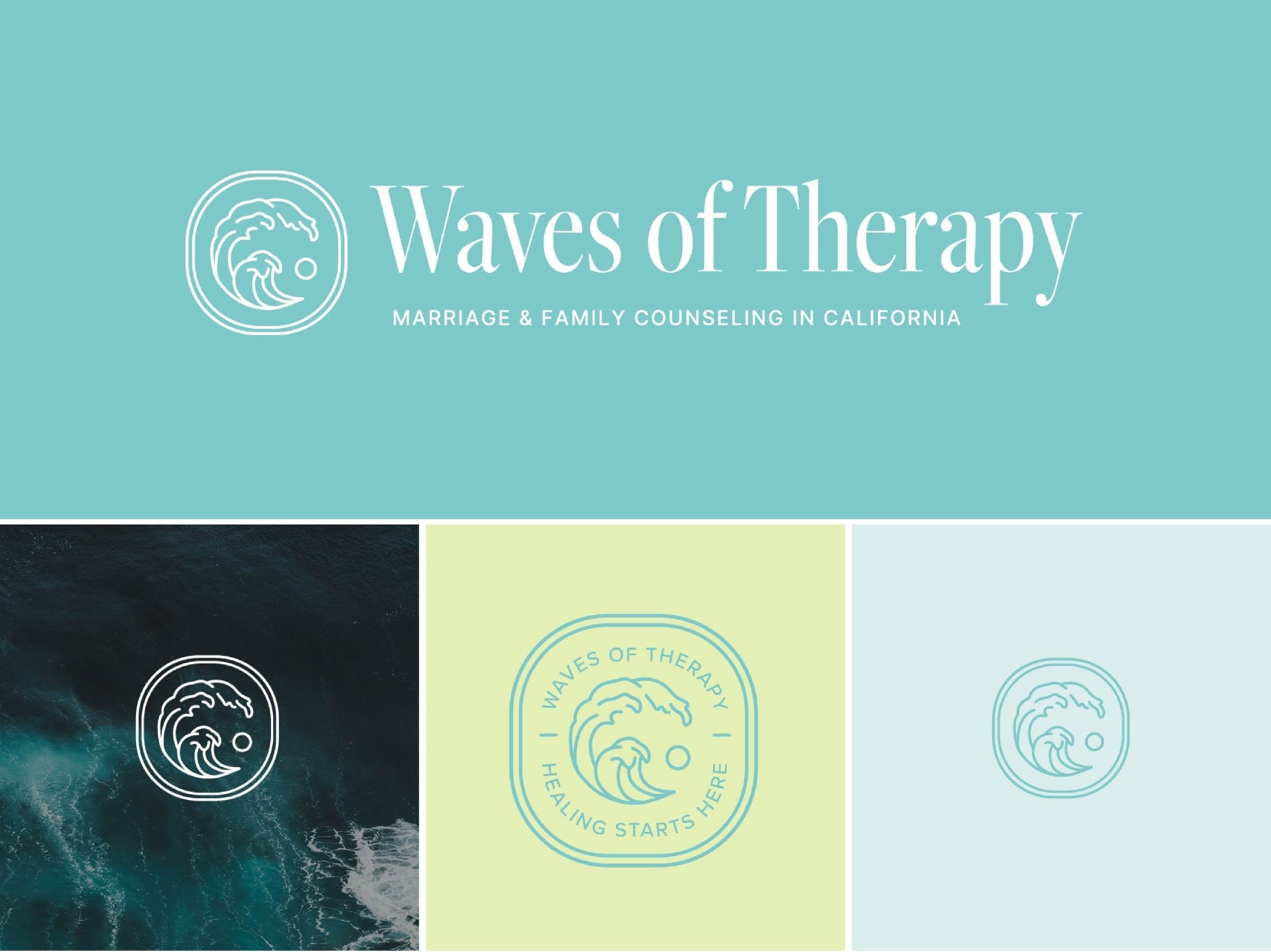 Logo design for Waves of Therapy, white text on bright blue background with lime green color touches. An illustration of a wave is created and sits next to the text.