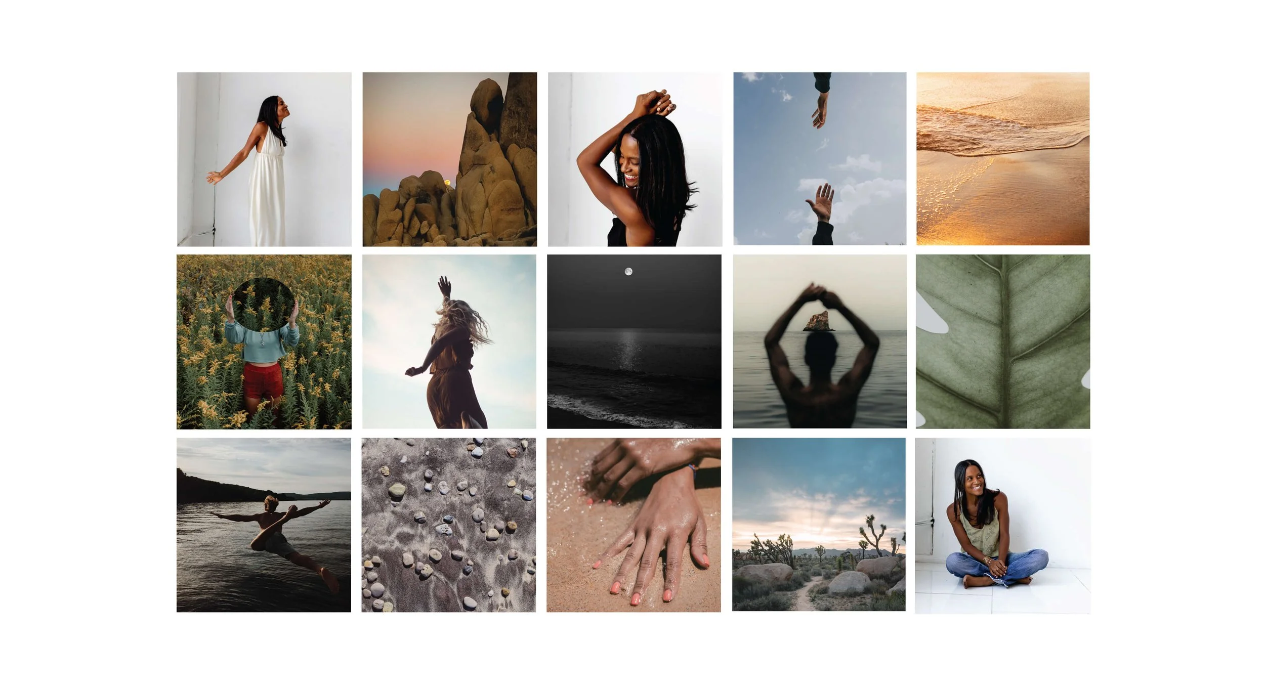 A collage of 15 photos featuring women enjoying nature, including beach scenes, mountains, fields, and relaxing activities.