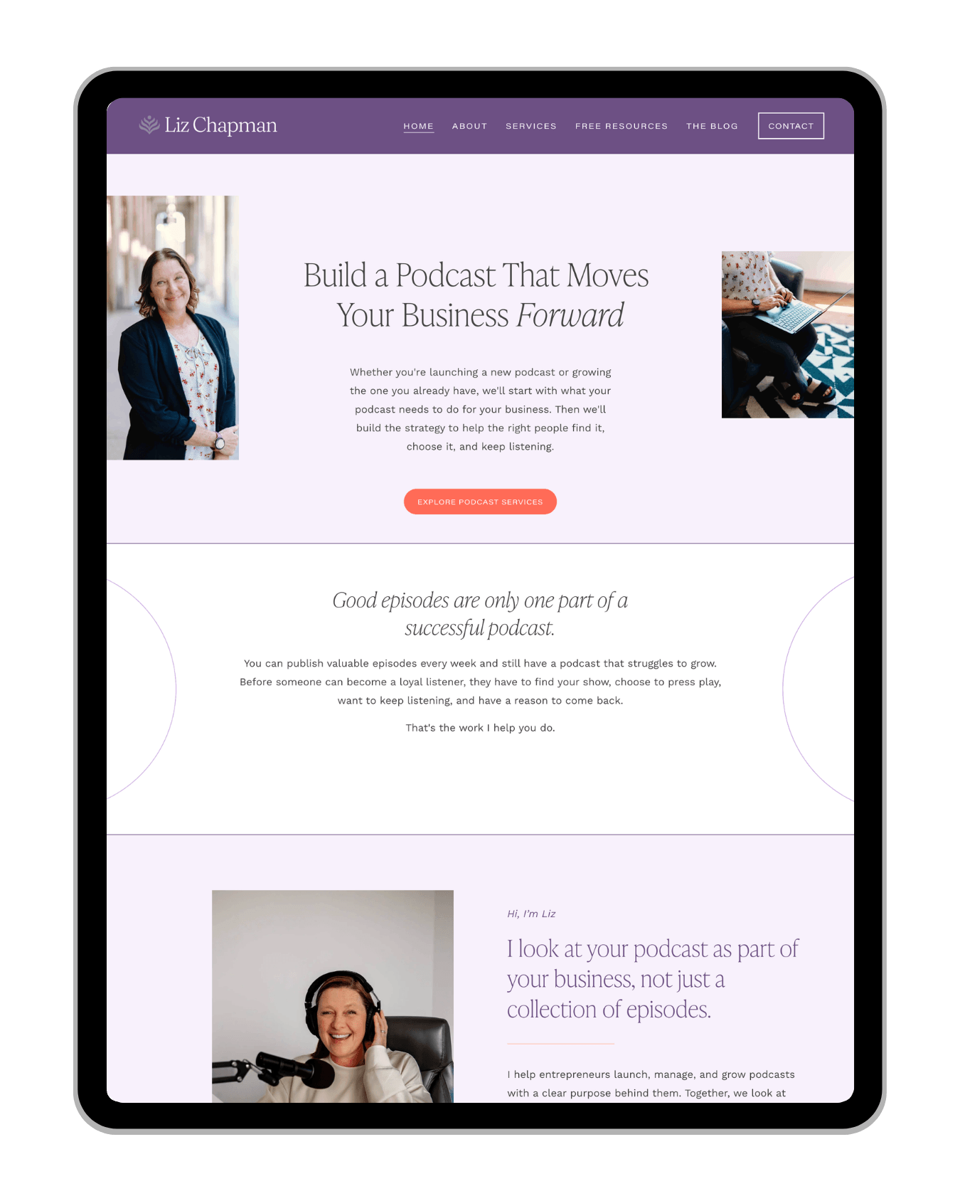 Website homepage for Liz Chapman, a podcast consulting service. The page features headlines about building successful podcasts for business, with a photograph of Liz Chapman, a smiling woman with headphones, speaking into a microphone.