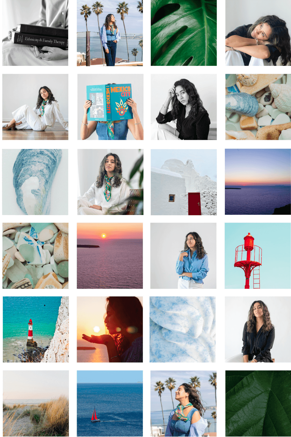 Branded photo collage of woman with dark hair smiling looking at camera, with white shirt. The other images include seashells, sunsets, close up of greenery, and a bright red lighthouse.