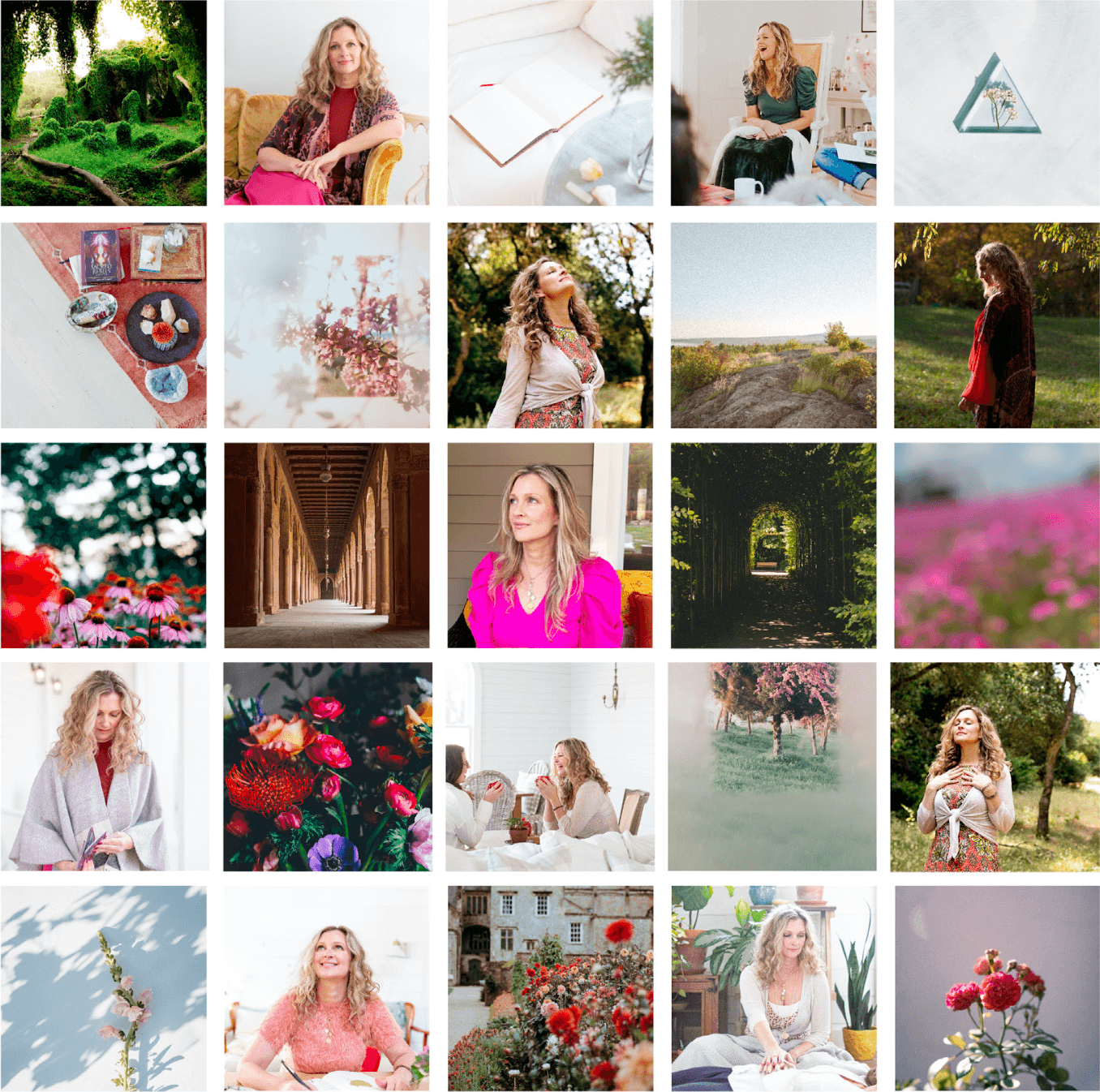 photo collage of woman with curly blonde hair wearing bright pink, smiling. Other stock images of colorful images, dark green forests, and long hallways.
