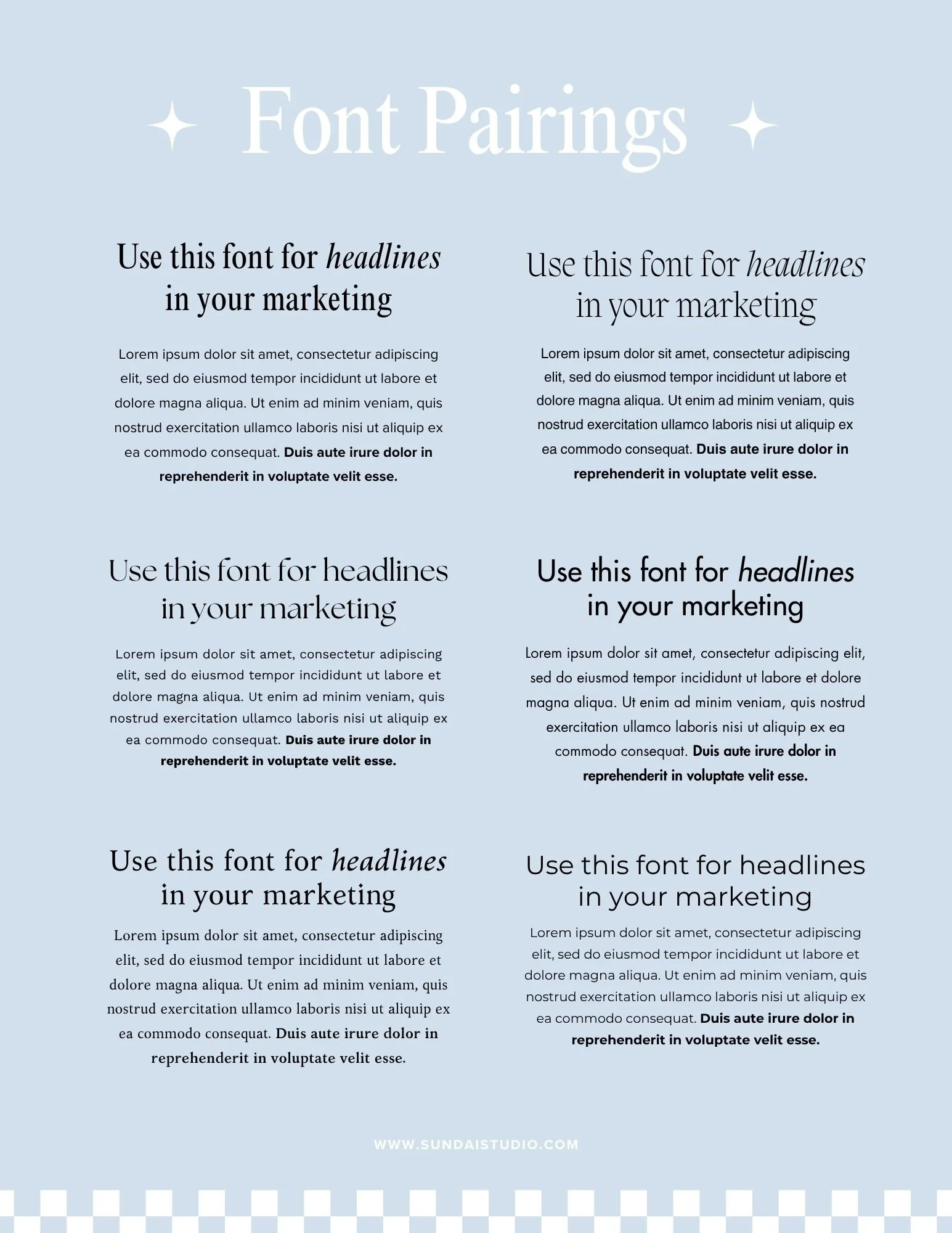 A light blue promotional flyer with white checkered borders at the top and bottom, displaying various font styles for headlines and body text, and the website www.sundaistudio.com at the bottom.