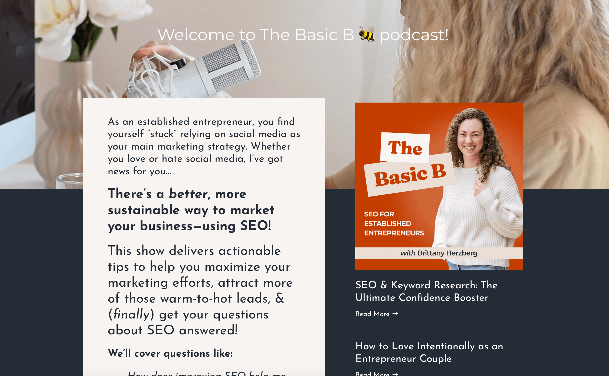 website mockup, girl with curly hair smiling promoting her podcast that focus on SEO
