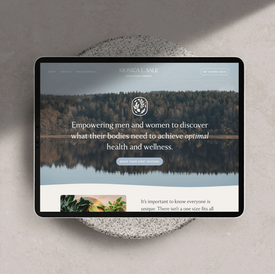 Website Mockup of a Nutritionist Coach website coloring is light blue browns and very calming