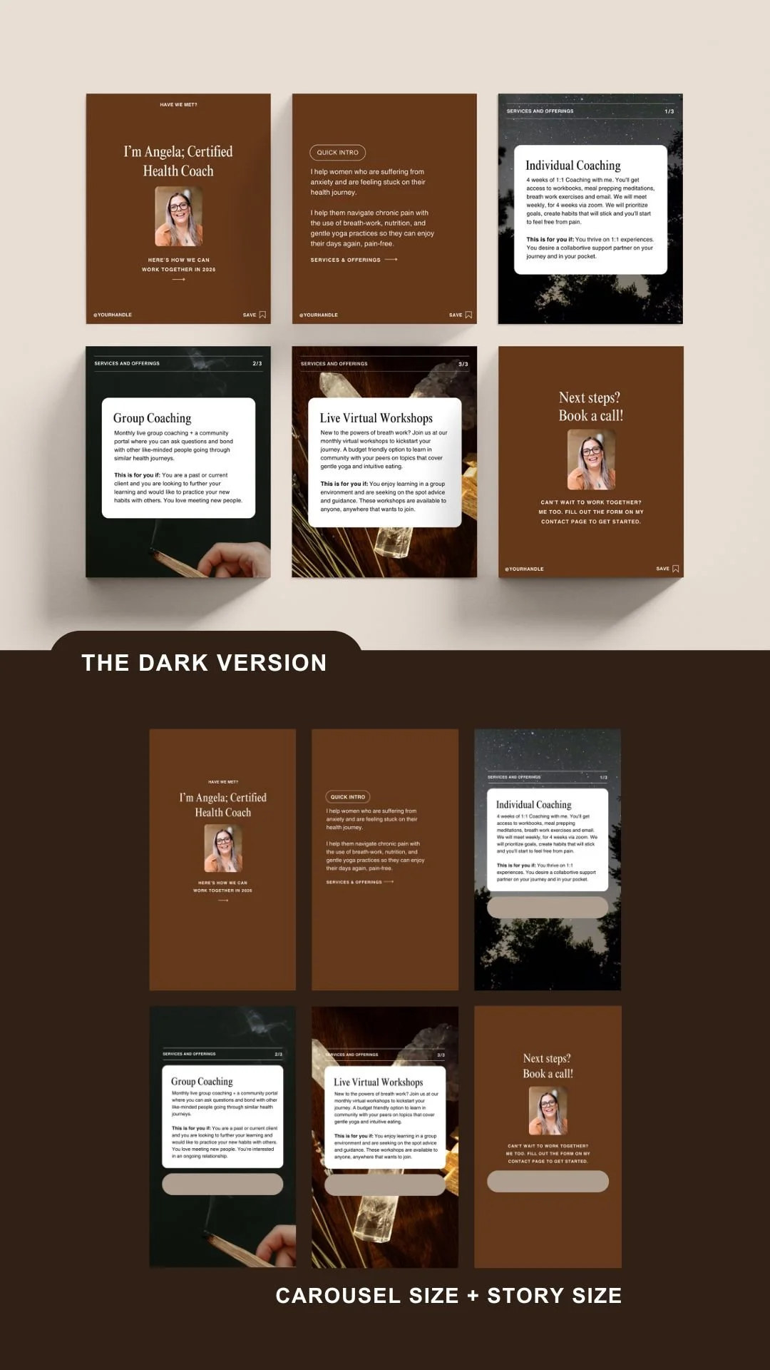 Mockup of a dark, brown and black version of instagram canva templates for therapists and coaches