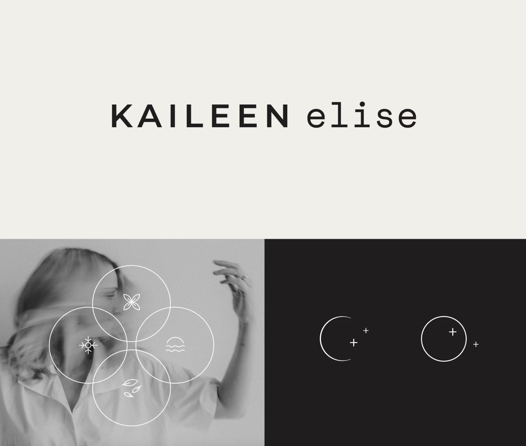 logo design for kaileen elise intuition coach, dark text on cream background and black and white icons of the moon and seasons