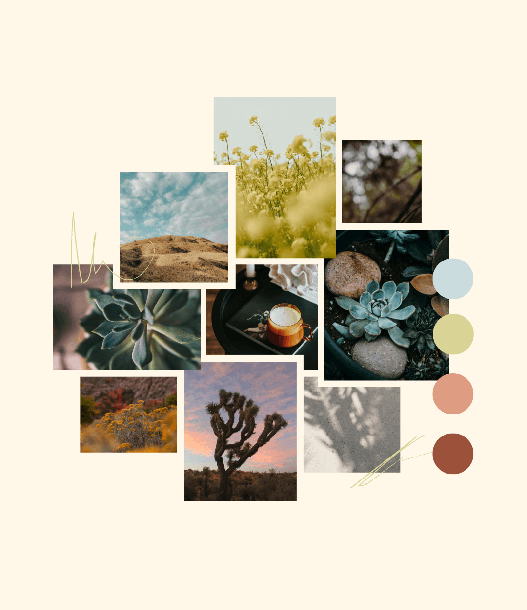 Collage of nature scenes featuring desert, succulents, flowers, mountains, and a coffee mug, with a neutral background and color palette of soft blues, greens, and earthy tones.