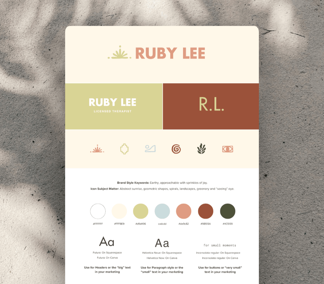 A marketing brand style guide for Ruby Lee, a licensed therapist, on a sandy background. The guide includes color swatches, icons, and font styles for headers, paragraph, and small text.