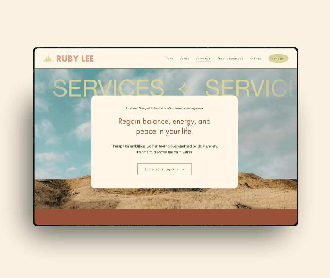 Webpage homepage for Ruby Lee, a licensed therapist offering services for balance, energy, and peace, with navigation menu and background landscape with sky and hills.