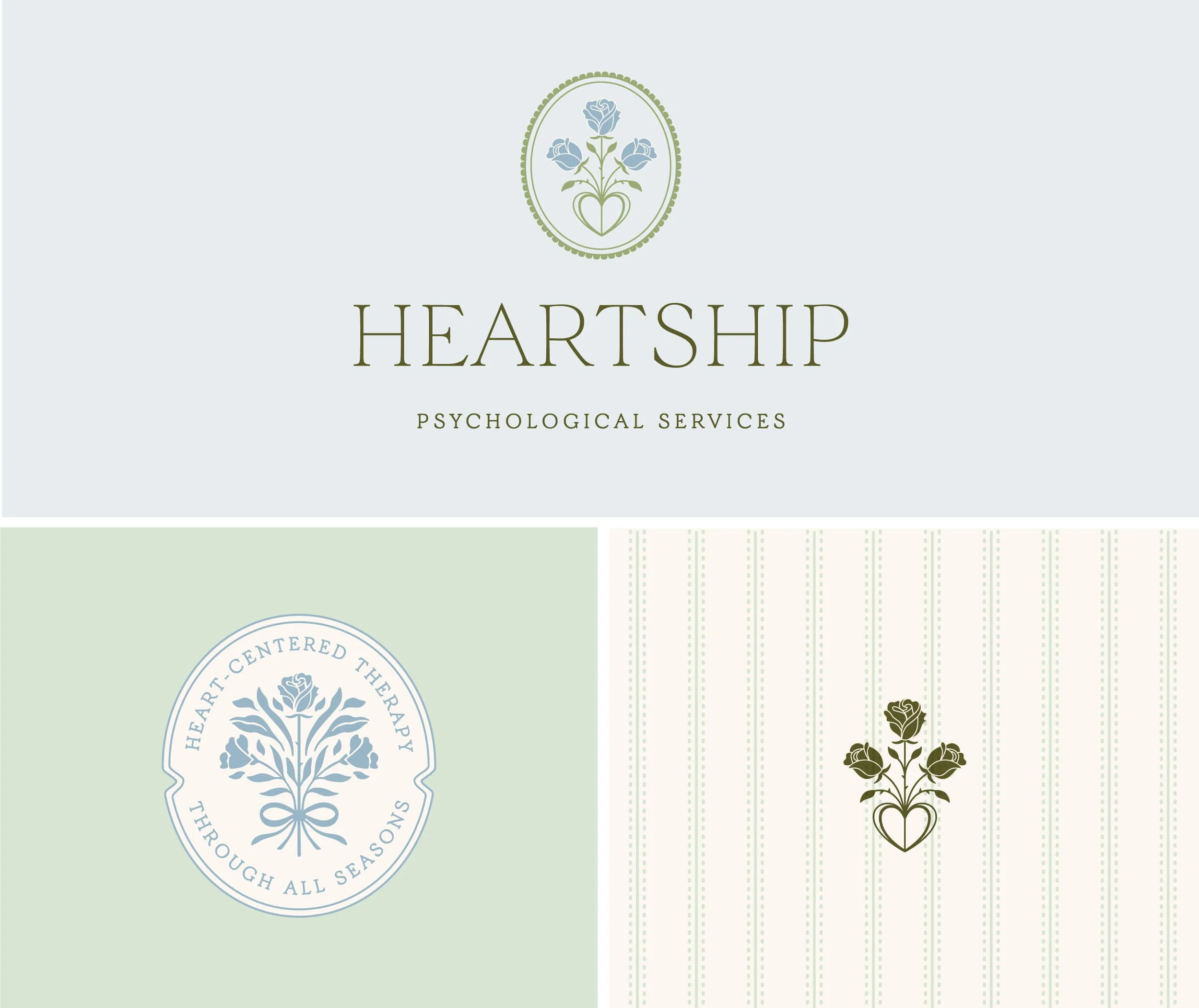 Logo design for Heartship, a logo icon of three roses in a heart vase, light blue and light green and stripes