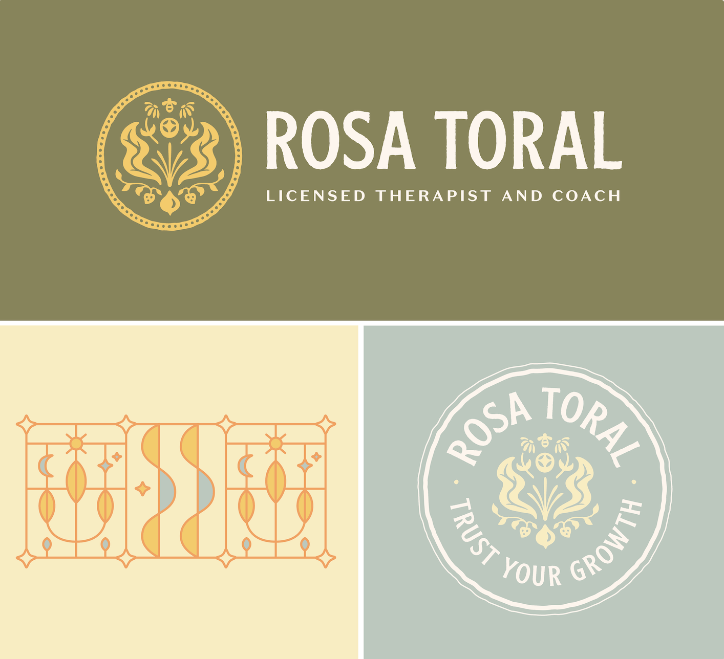 Logo design for rosa toral using greens blues and yellows