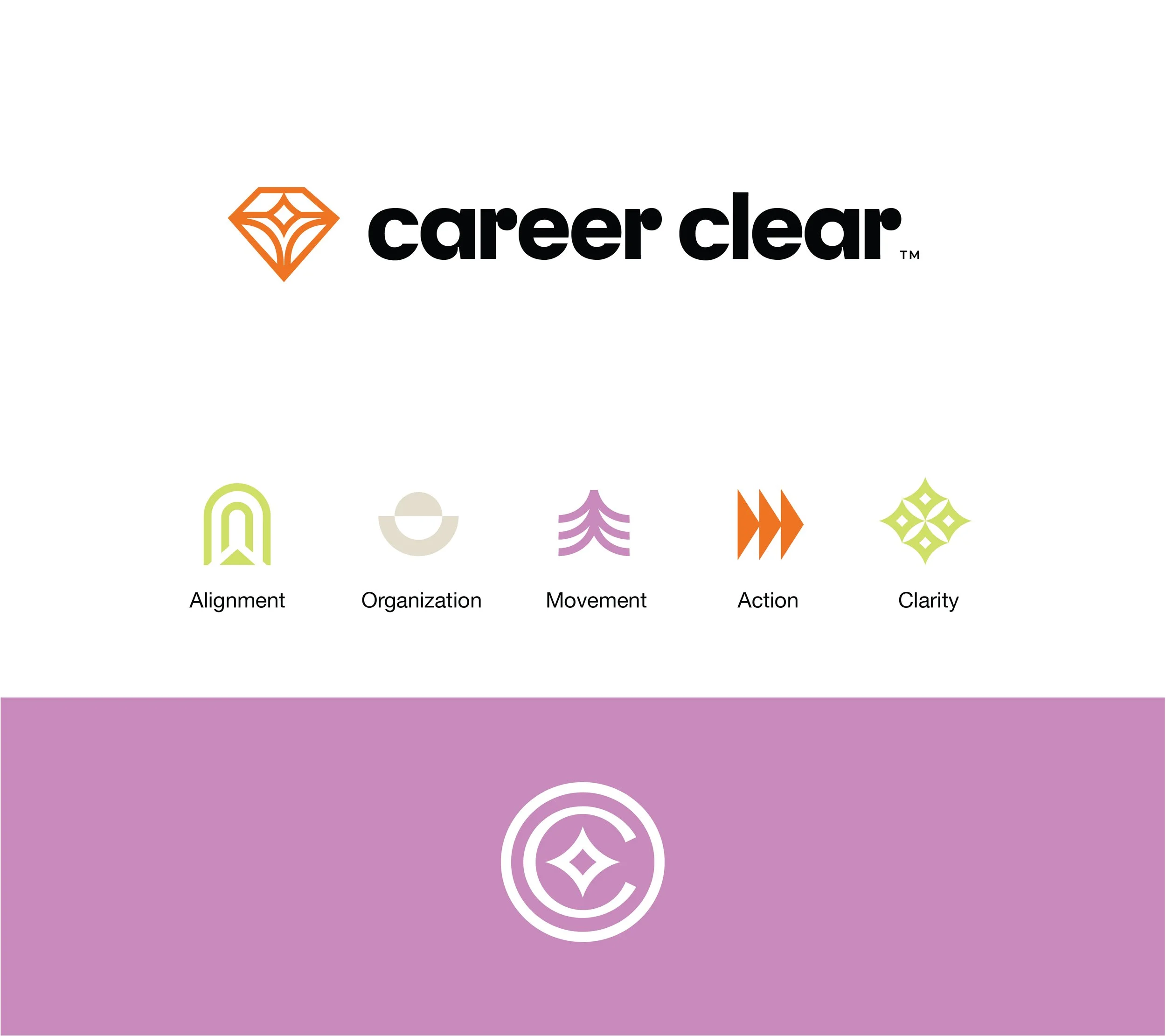 logo for carer clean all black with orange icon logo of a diamond with bright purple monogram