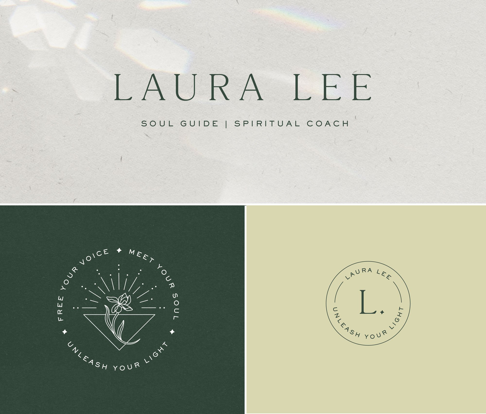 logo design for laura lee soul guide and spiritual coach, thin delicate serif font on gray background, delicate icons and flowers