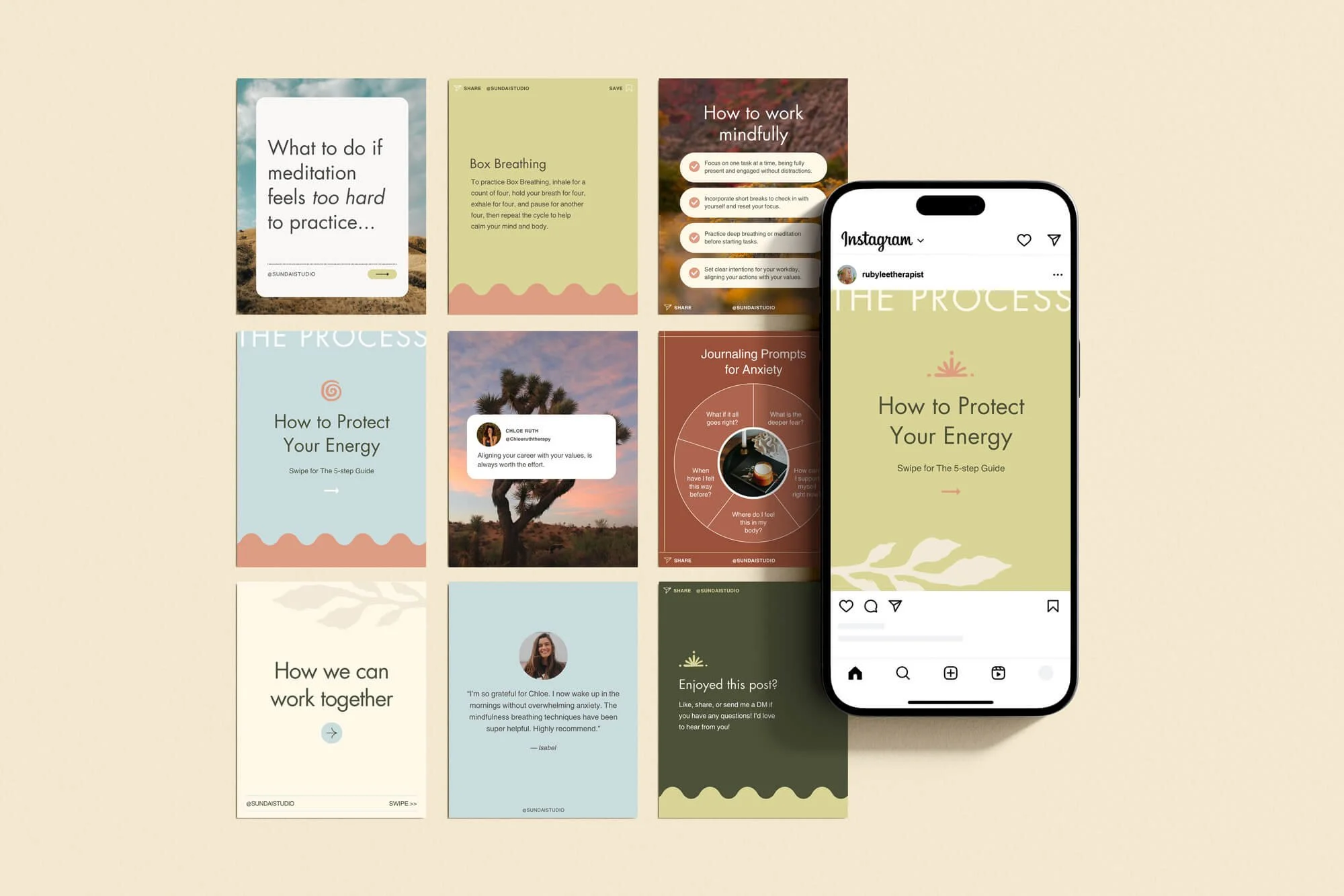 A collection of digital social media and mobile app graphics focused on mindfulness, meditation, energy protection, and personal growth, with a phone displaying an Instagram post related to protecting energy.