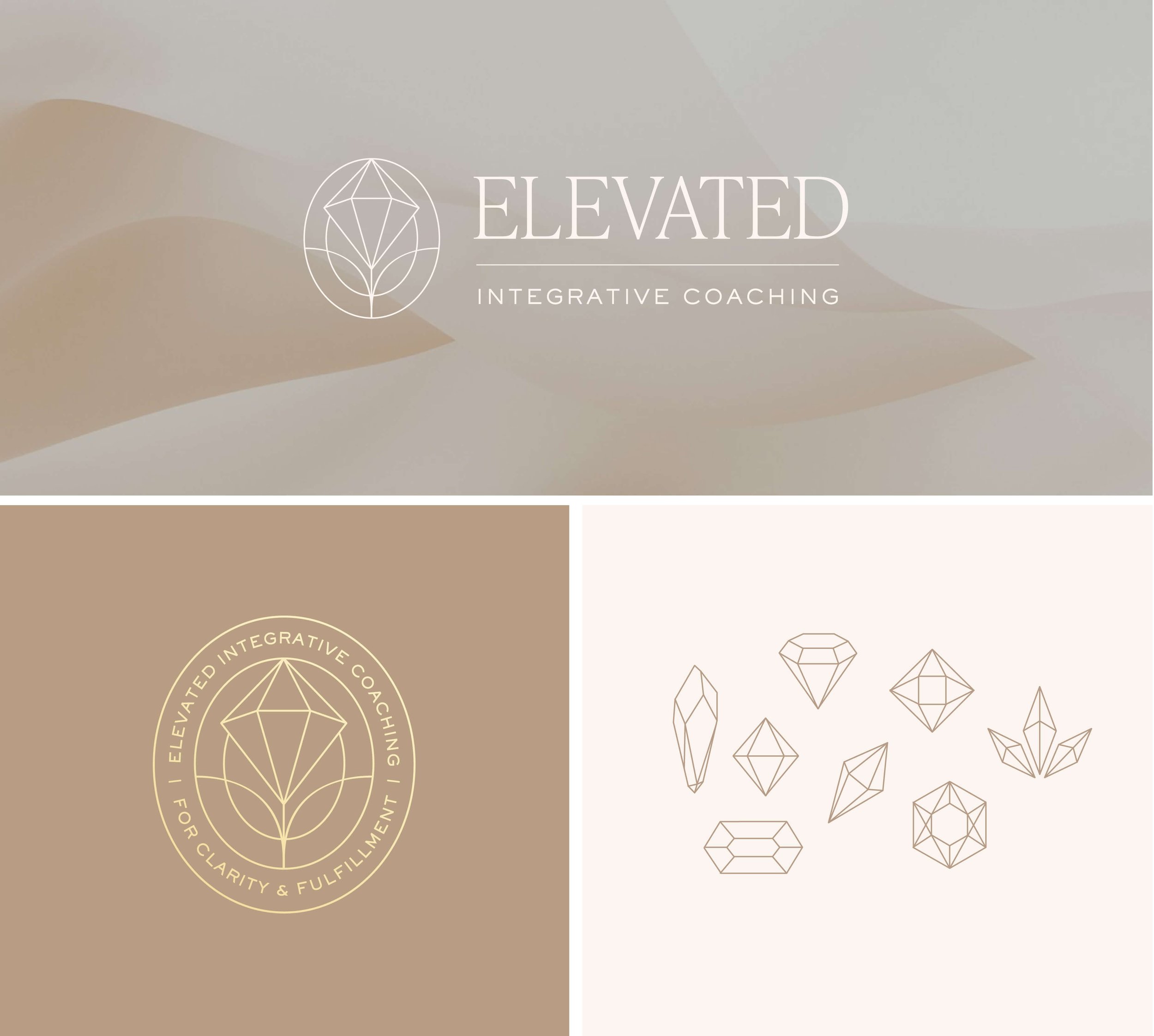 Image of logo for elevated integrative coaching with diamond motif and soft grays and golds