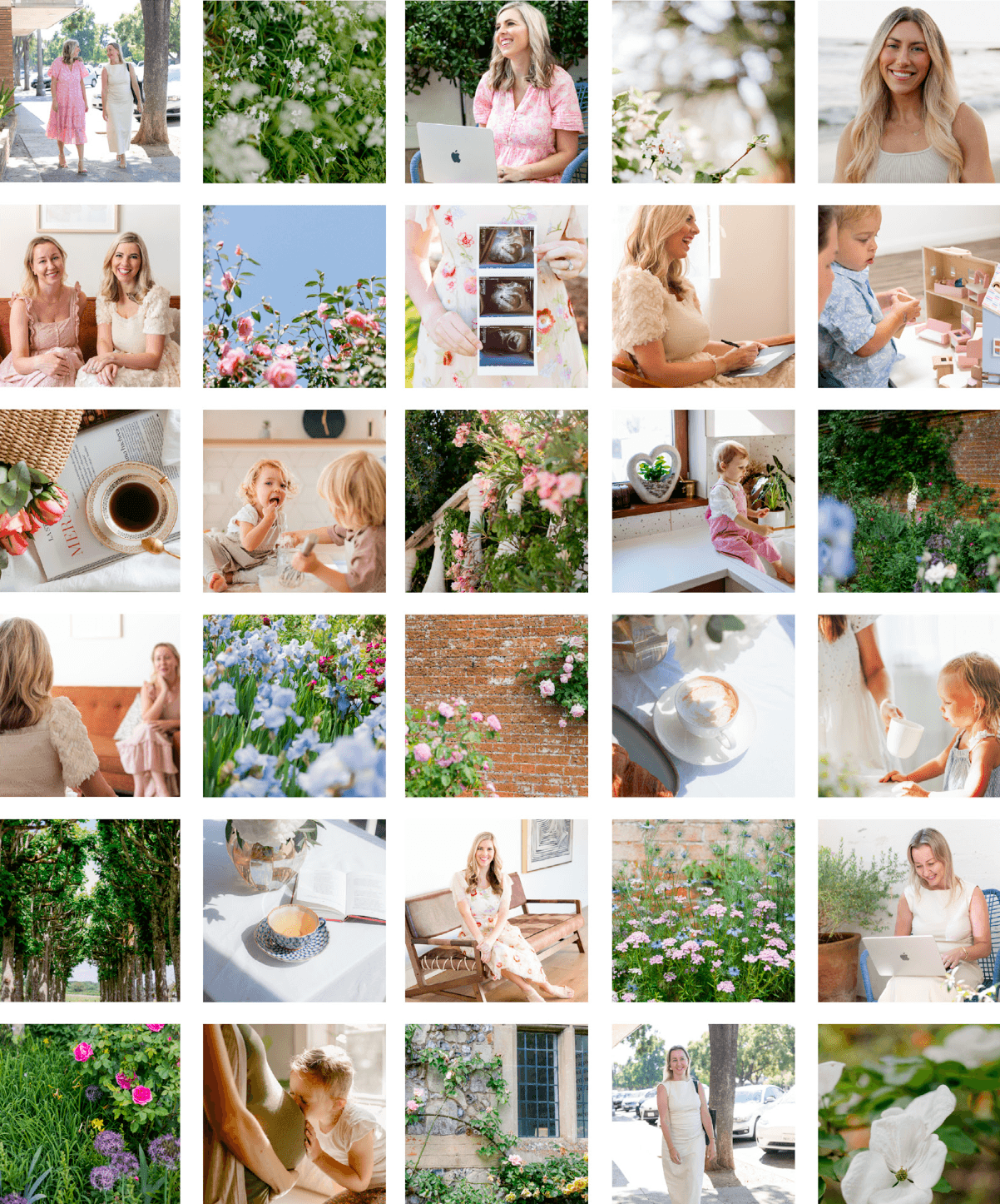 branded photo collage of the founder, a woman in pink dress with blonde hair working at computer, with stock images of colorful rose flowers.