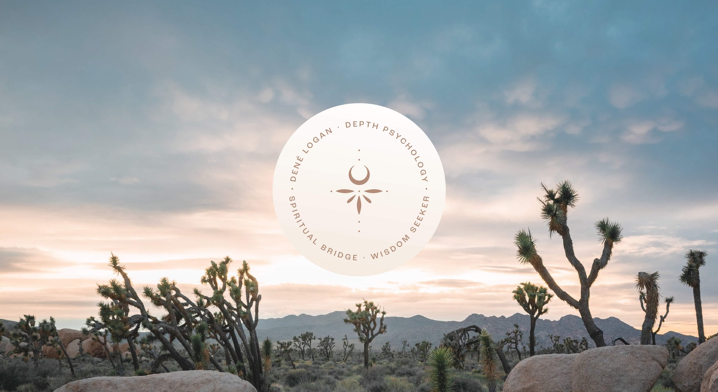 Desert landscape at sunset with Joshua trees and mountains in the background, featuring a white circular logo in the center with a crescent moon, floral design, and text about depth psychology, spiritual bridge, and wisdom seeker.