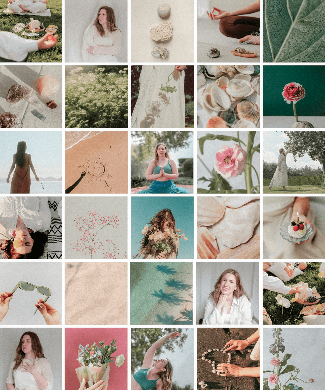 branded photo collage of woman in yoga outfit, and stock images of the beach, sand, sea shells, and green flowers.