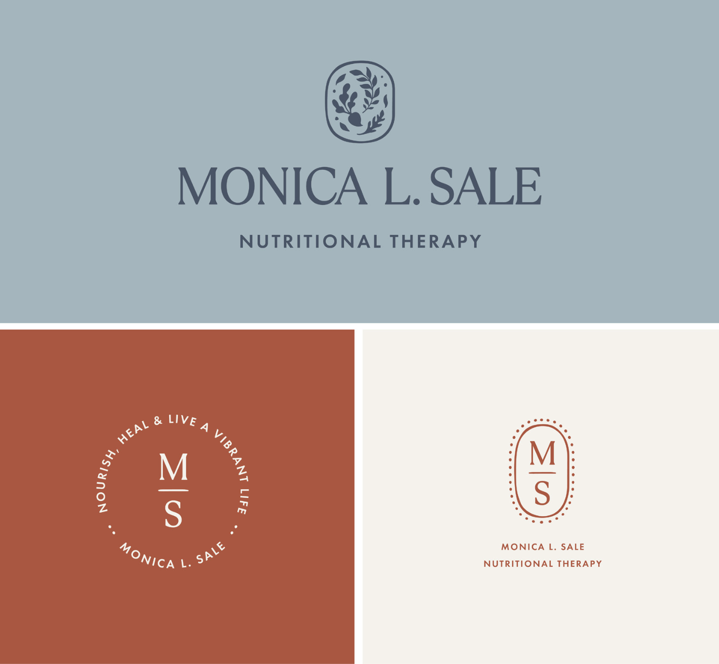 logo for monical l sale nutritional therapist, logo and blue and orange coloring