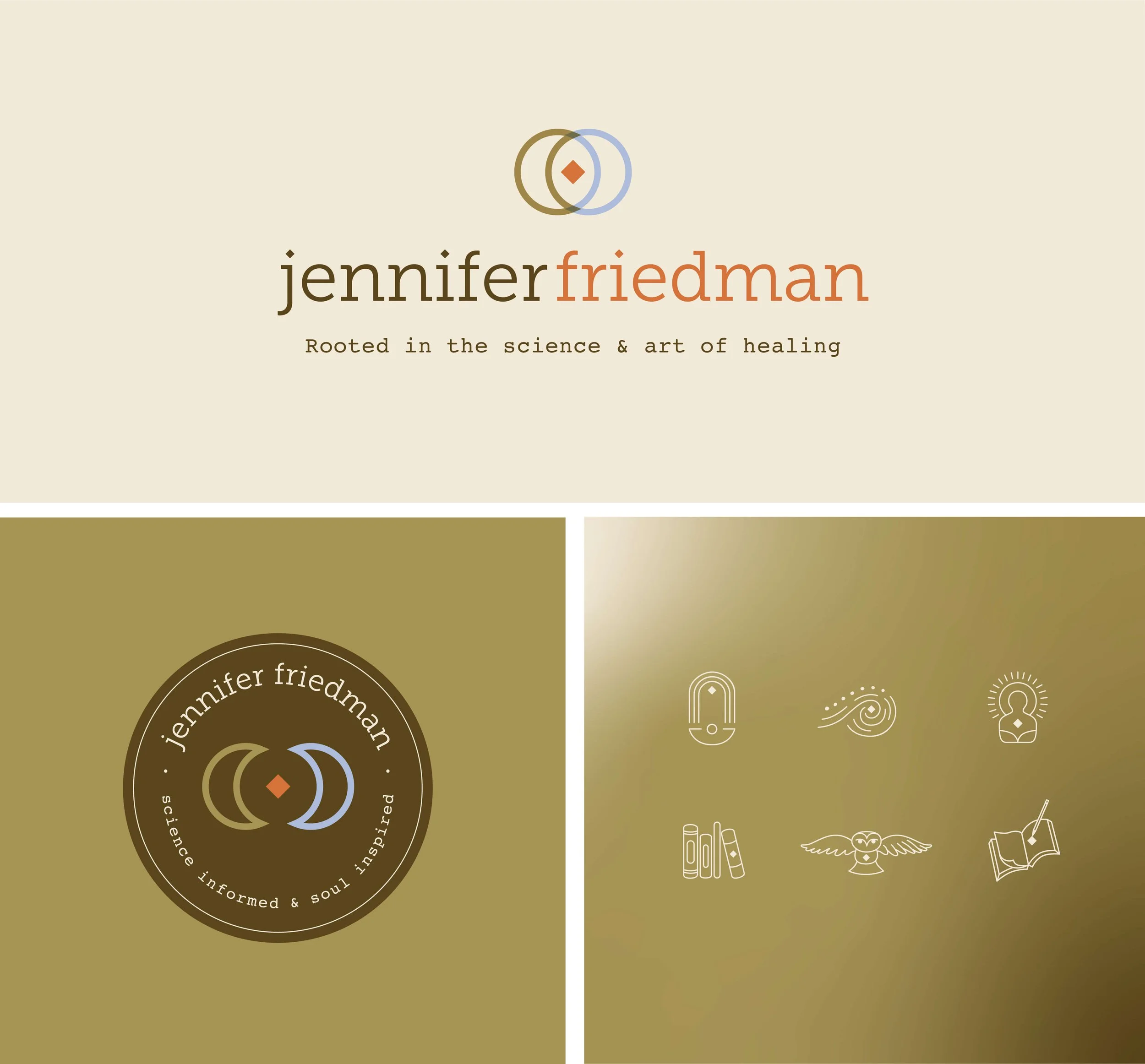 branding and logo for jennifer friedman using greens oranges and light blues