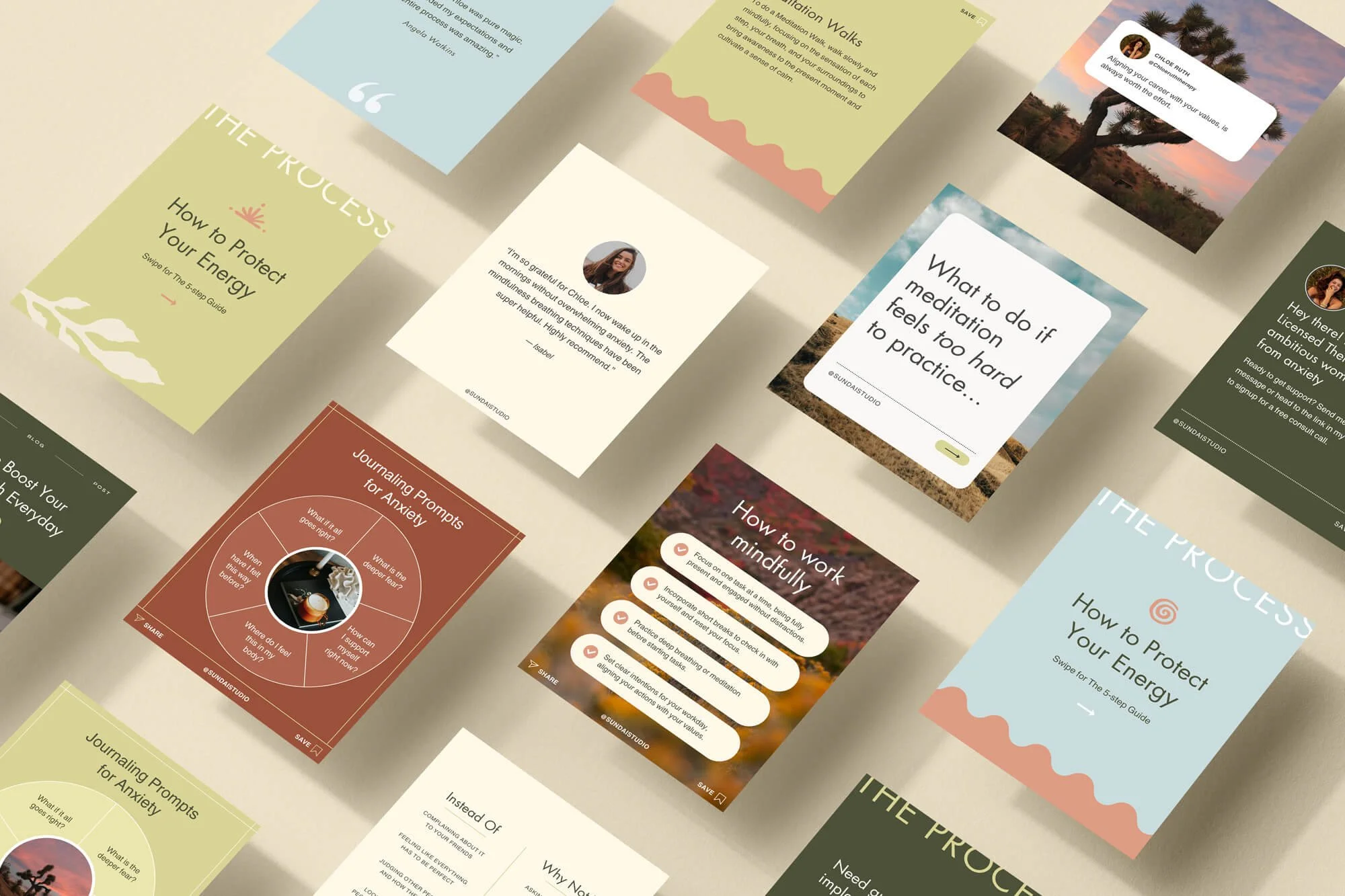 A collage of various digital slides and posts on topics related to meditation, mindfulness, and energy protection, with some featuring quotes and others explaining techniques.