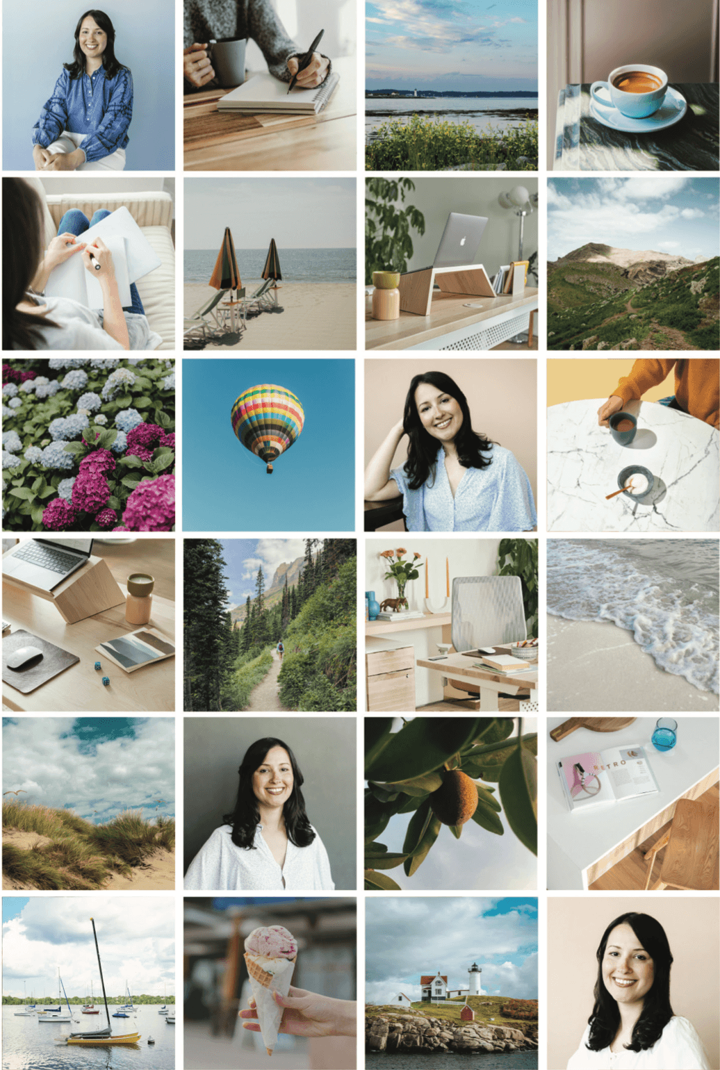 A collection of imagery that is New England / East Coast inspired - hydrangeas, hot air balloons, cape cod beaches, and of a woman with dark hair and blue shirt smiling looking at camera.